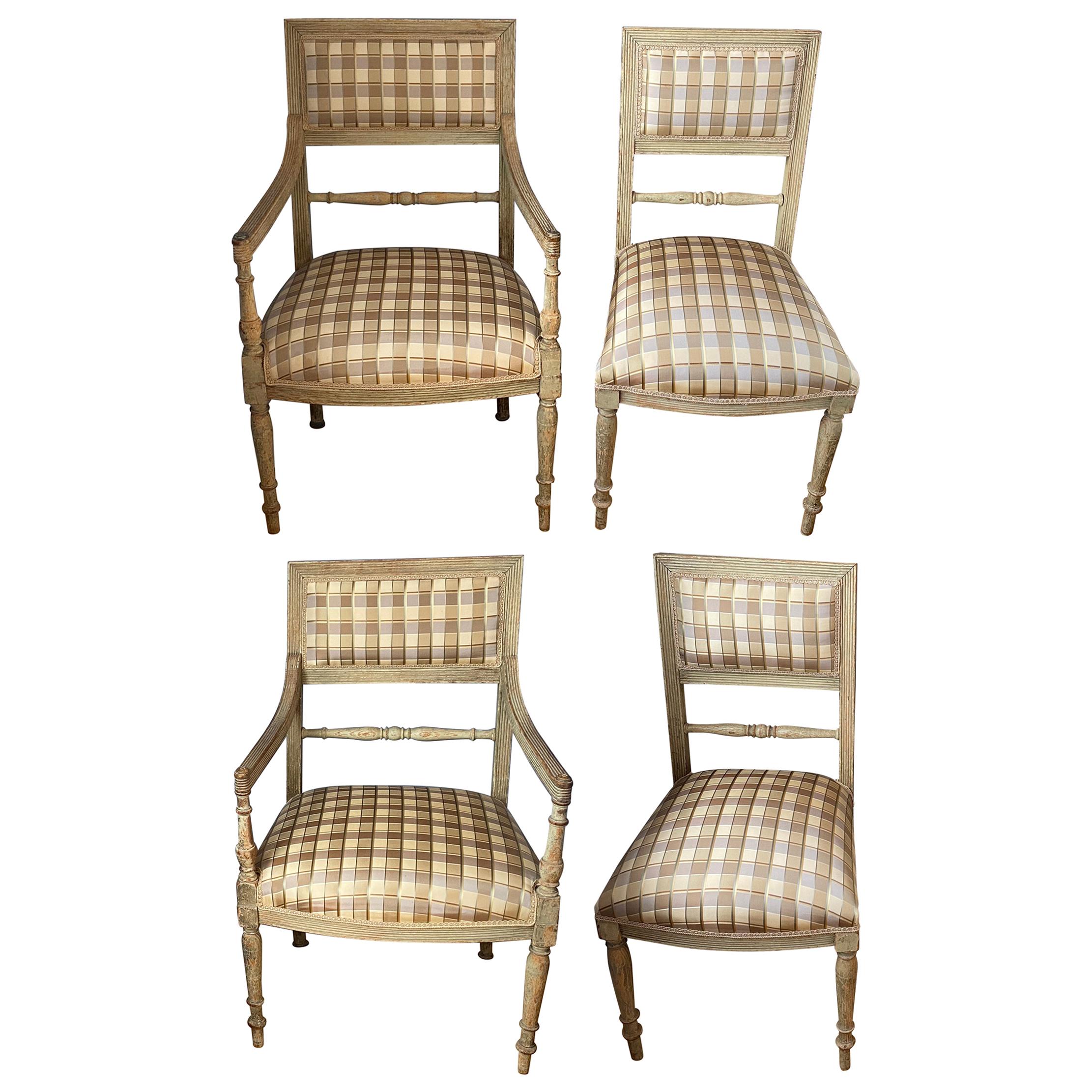 Set of Four 19th Century Swedish Painted Armchairs and Side Chairs For Sale