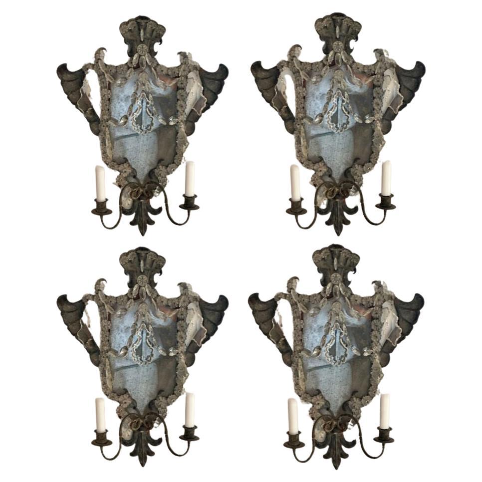 Set of Four 19th Century Venetian Iron Mirrored Sconces For Sale