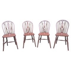 Antique Set of Four 19th Century Windsor Wheel Back Kitchen Chairs in Solid Elm Tree