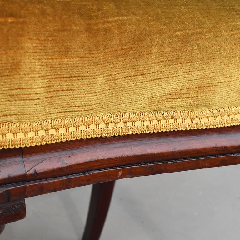 Victorian Set of Four 19th Century Wood Dining Chairs in Yellow Velvet Round Open Back