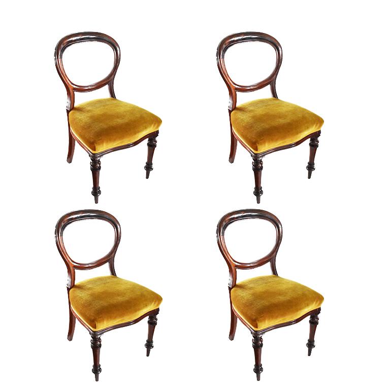 English Set of Four 19th Century Wood Dining Chairs in Yellow Velvet Round Open Back