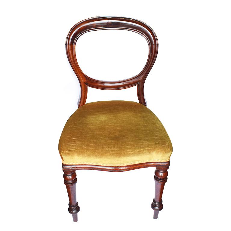 20th Century Set of Four 19th Century Wood Dining Chairs in Yellow Velvet Round Open Back