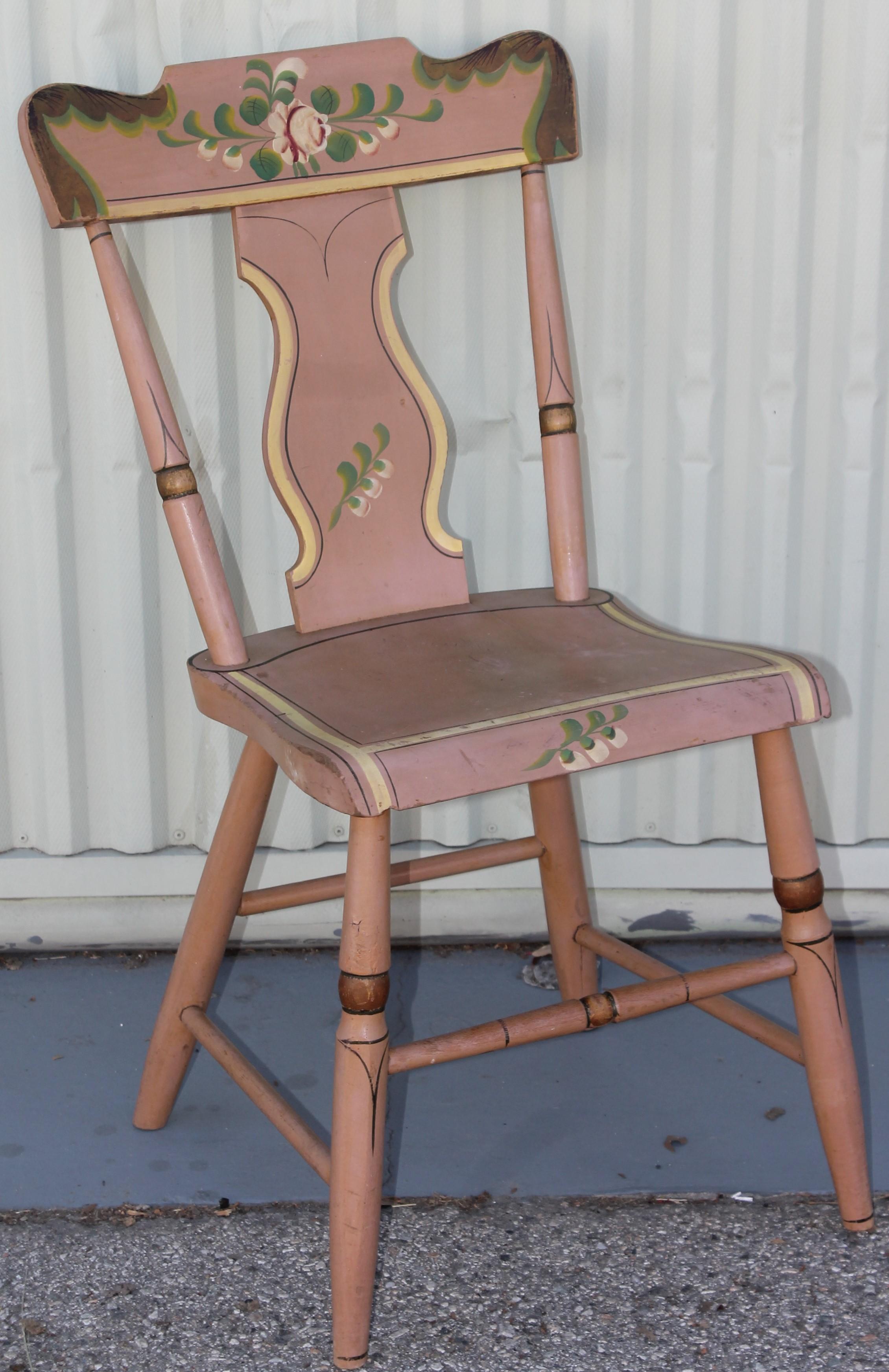 American Set of Four 19th C Original Painted Pennsylvania Plank Bottom Chairs For Sale