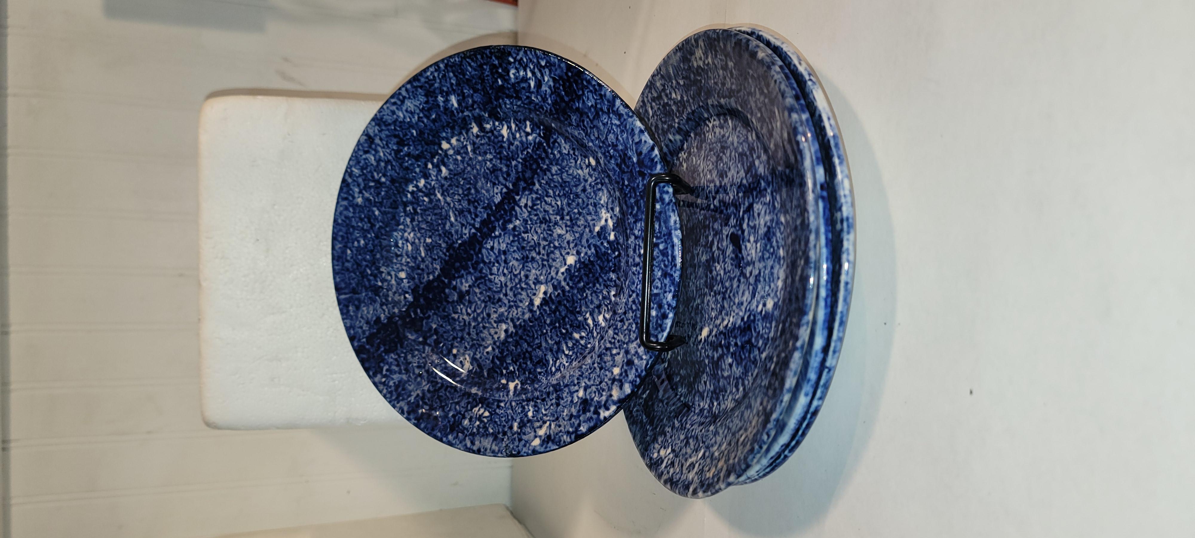Set of four 19thc sponge ware plates in mint condition.Notice the fantastic dark indigo colors.