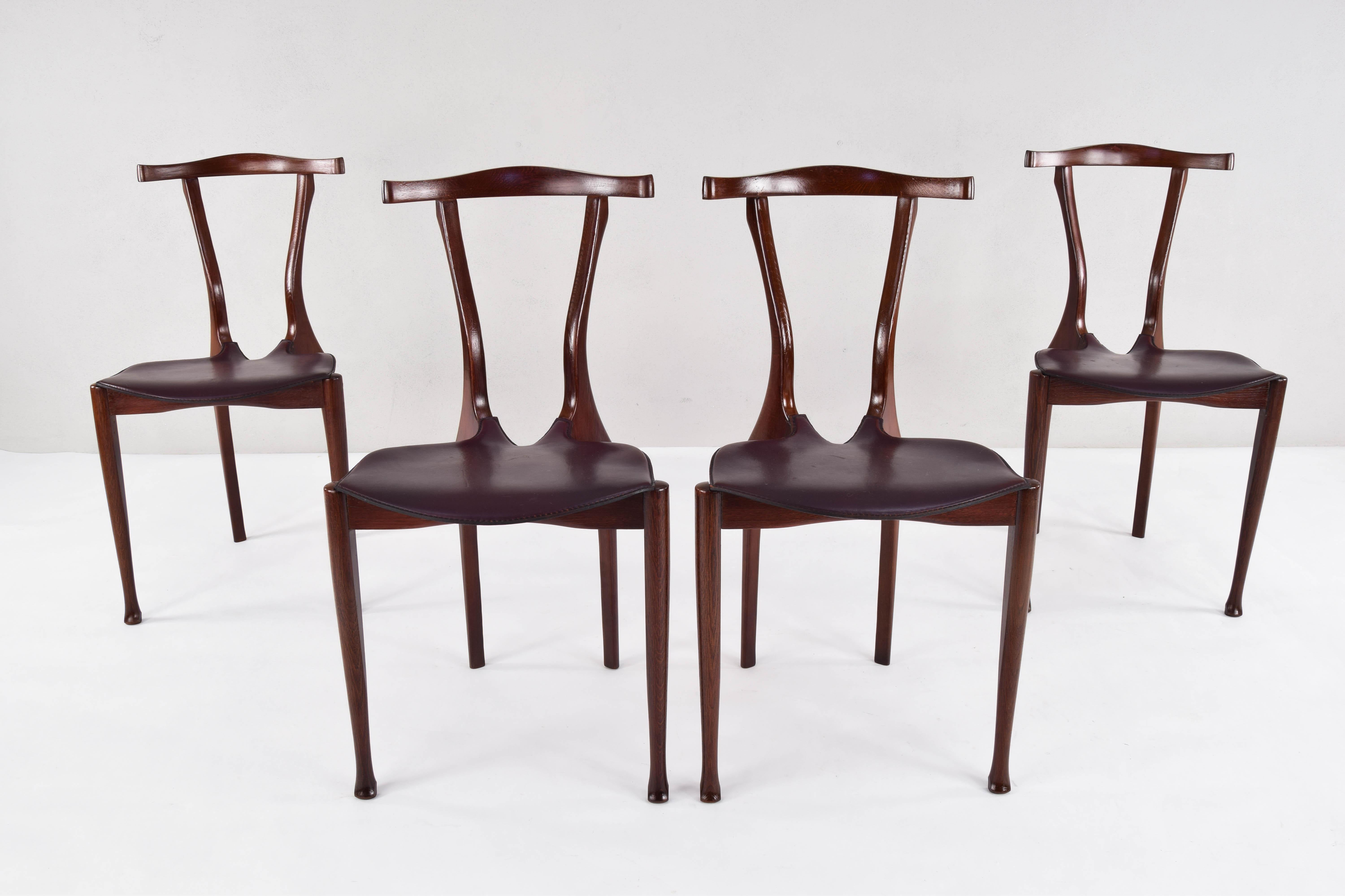 Modern Set of Four First Edition Oscar Tusquets Gaulino Oak and Leather Chairs by Jané