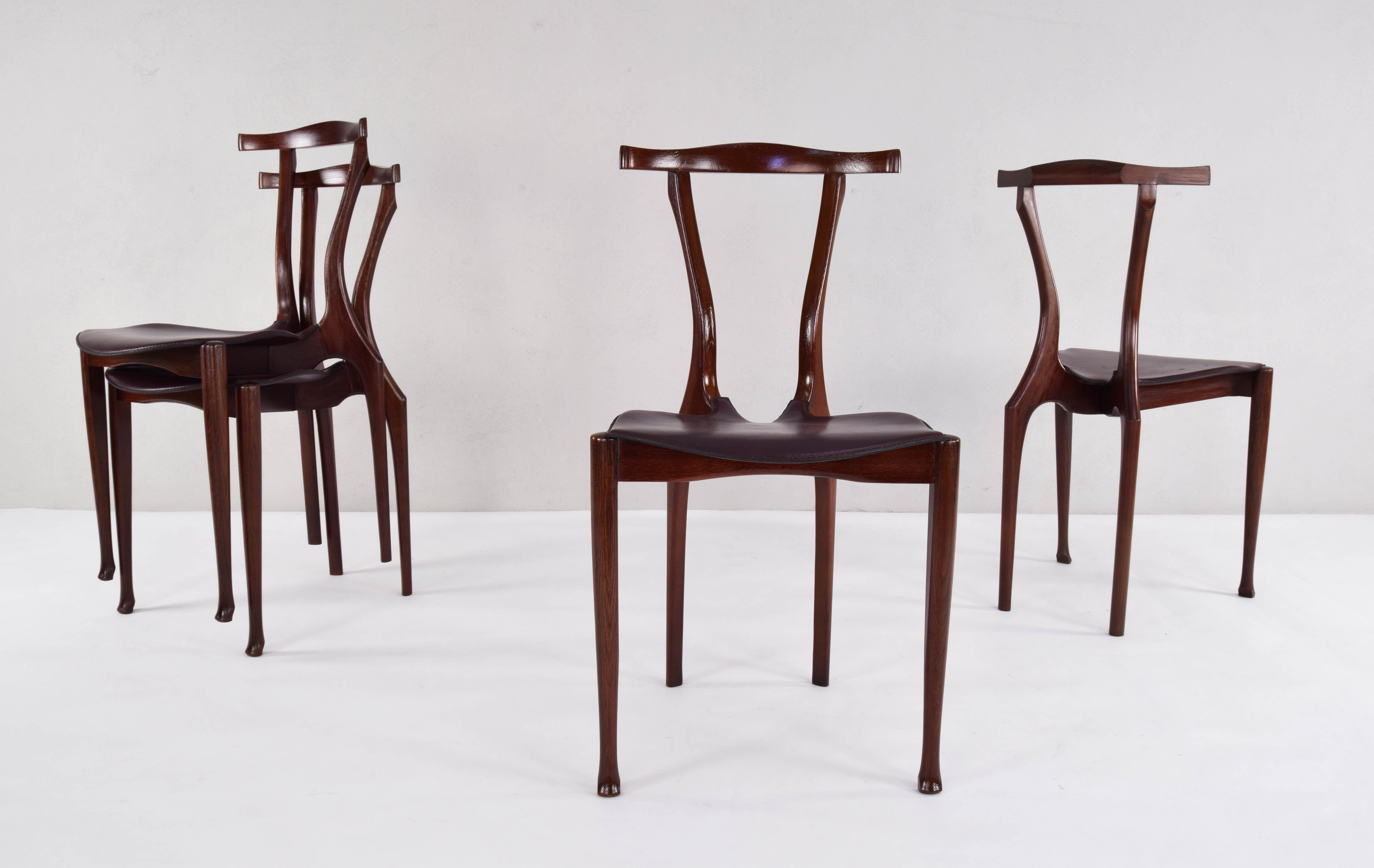 Spanish Set of Four First Edition Oscar Tusquets Gaulino Oak and Leather Chairs by Jané