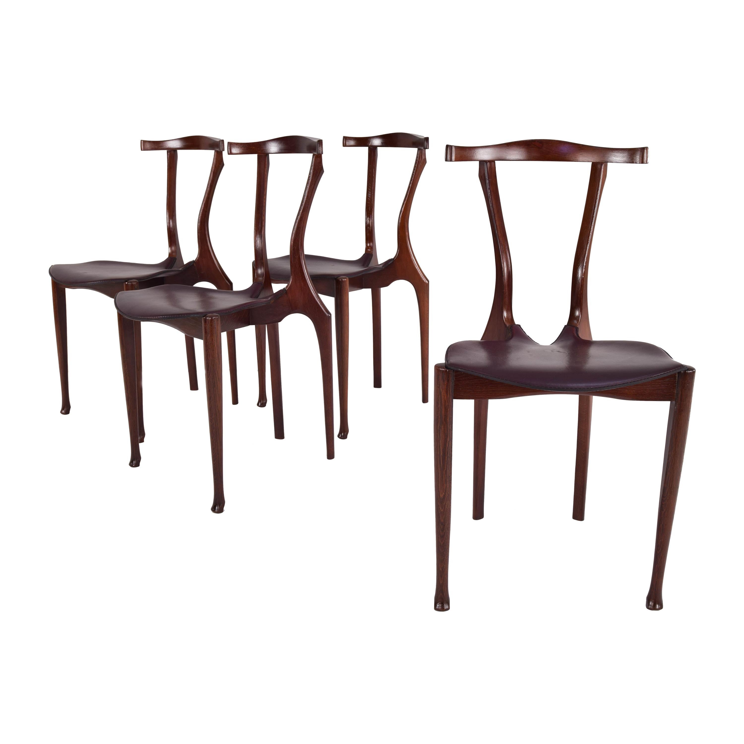 Set of Four First Edition Oscar Tusquets Gaulino Oak and Leather Chairs by Jané