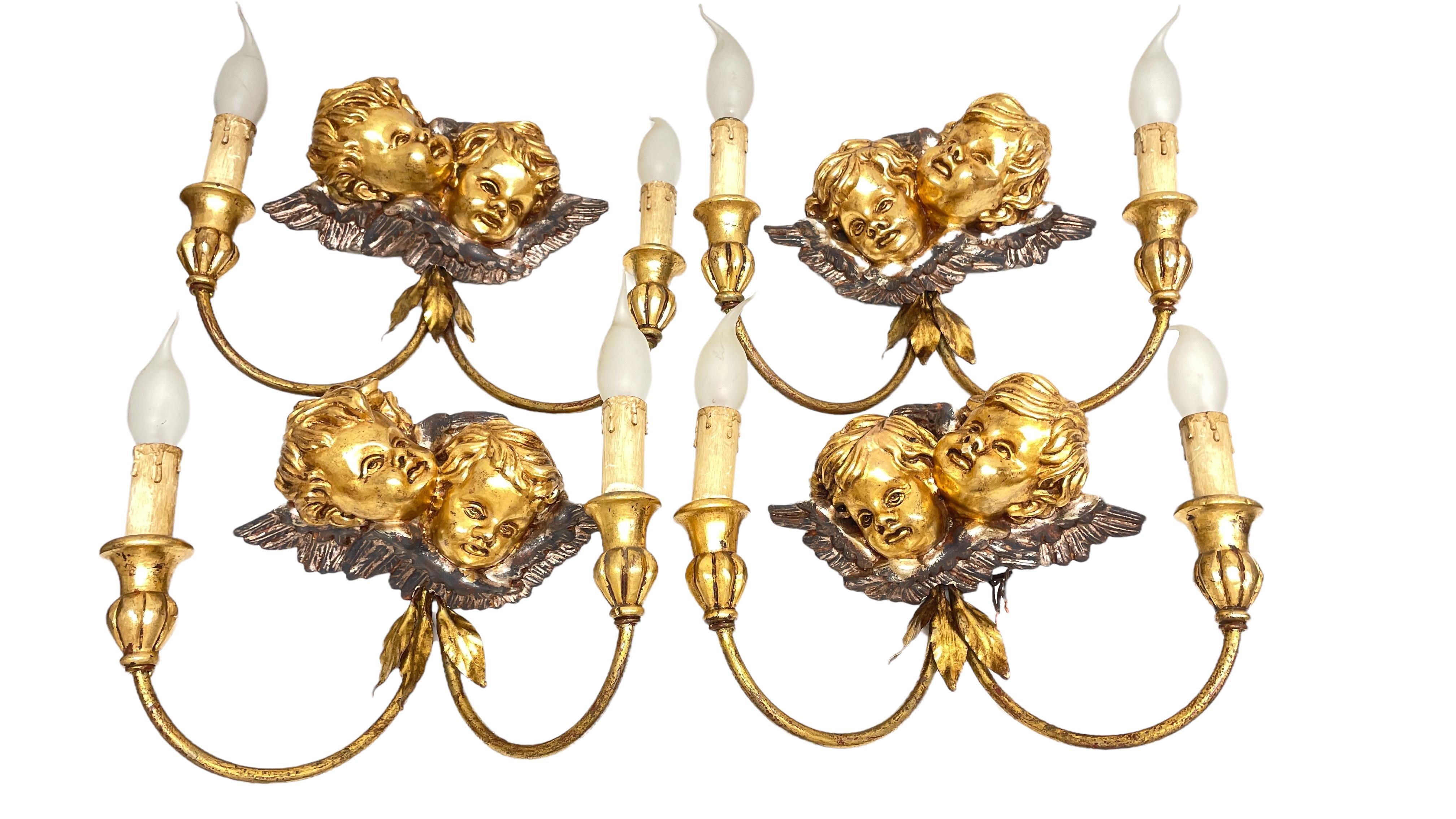 Italian Set of Four 2-Light Tole Sconces Cherub Angel Heads Gilded Metal, Italy, 1960s For Sale
