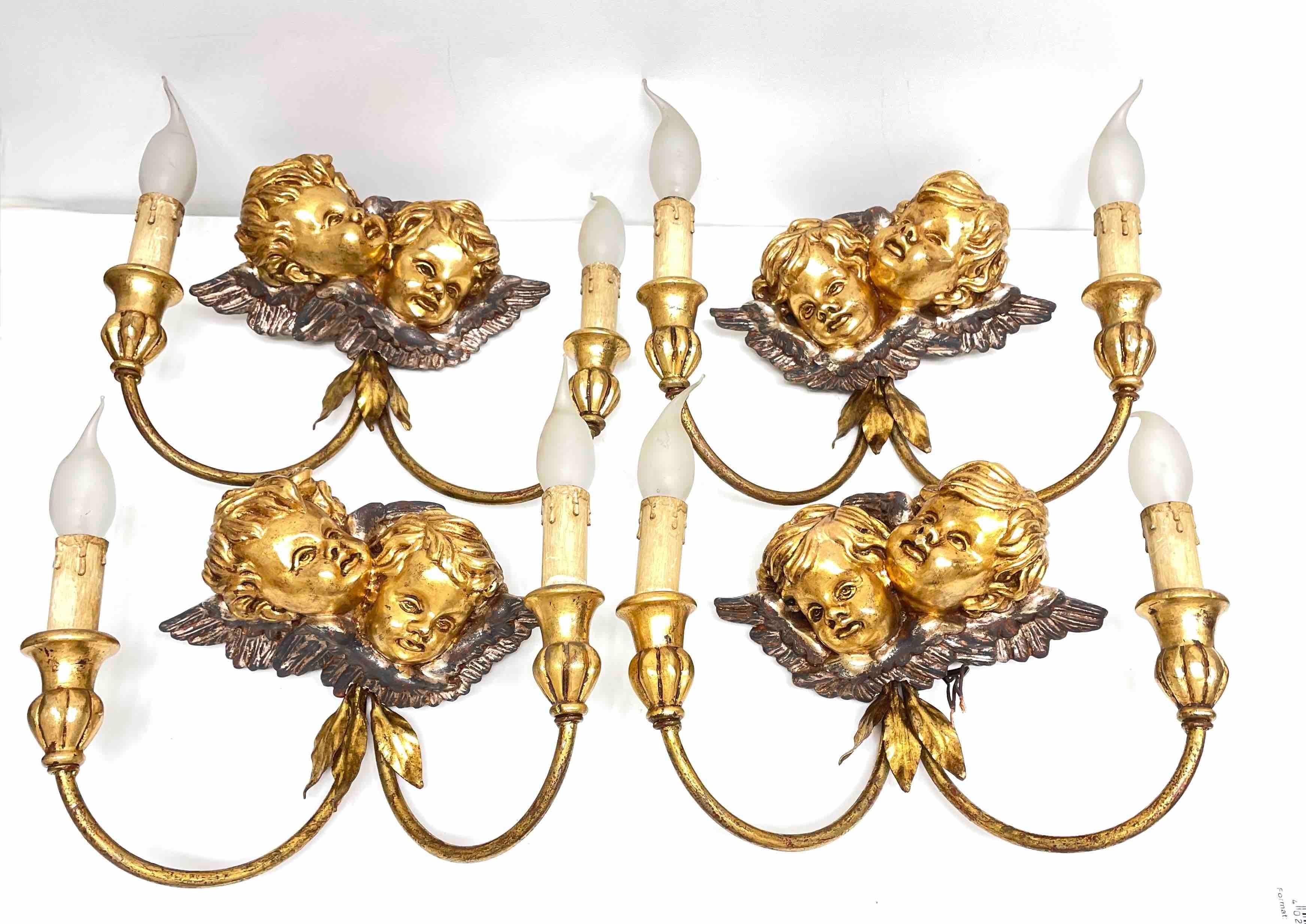 Hand-Carved Set of Four 2-Light Tole Sconces Cherub Angel Heads Gilded Metal, Italy, 1960s For Sale