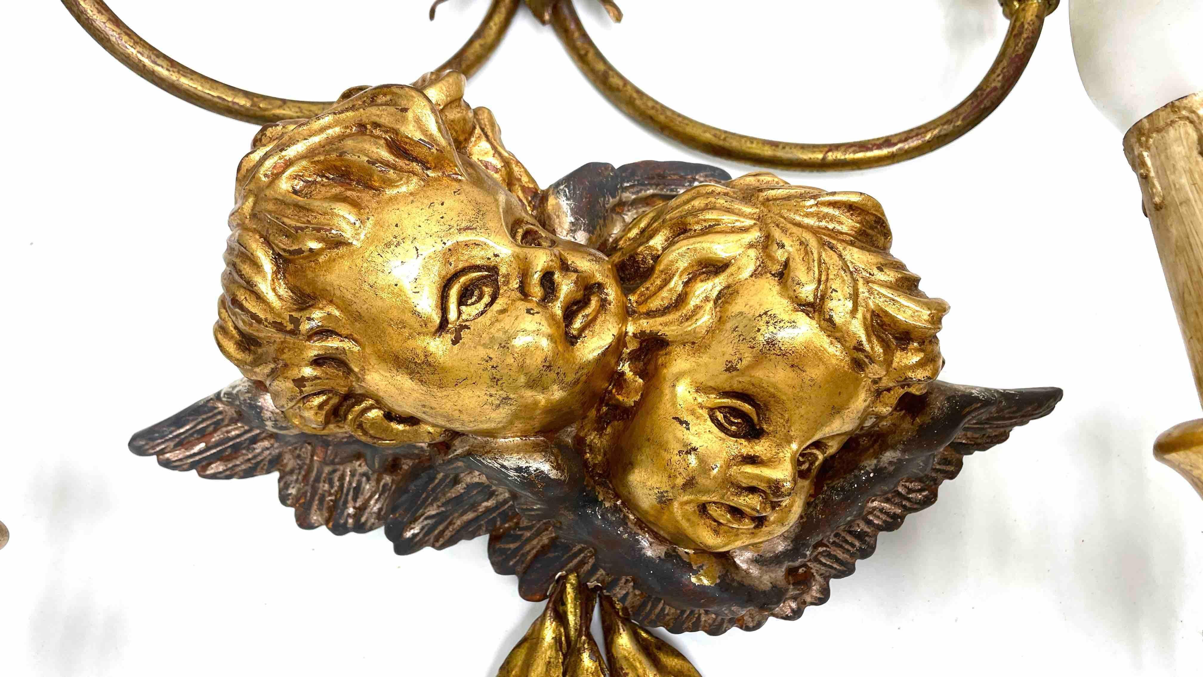 Set of Four 2-Light Tole Sconces Cherub Angel Heads Gilded Metal, Italy, 1960s In Good Condition For Sale In Nuernberg, DE