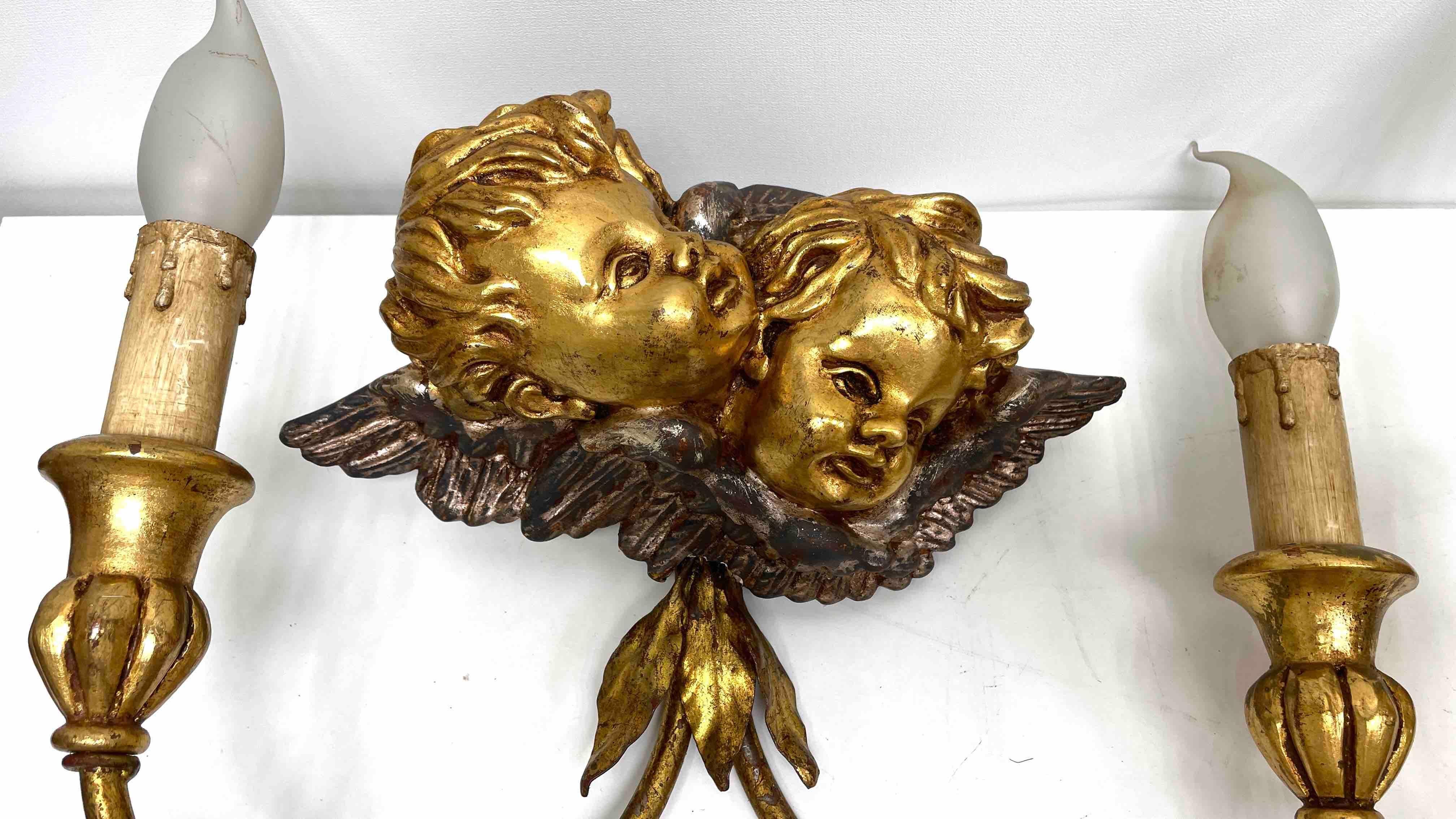 Mid-20th Century Set of Four 2-Light Tole Sconces Cherub Angel Heads Gilded Metal, Italy, 1960s For Sale