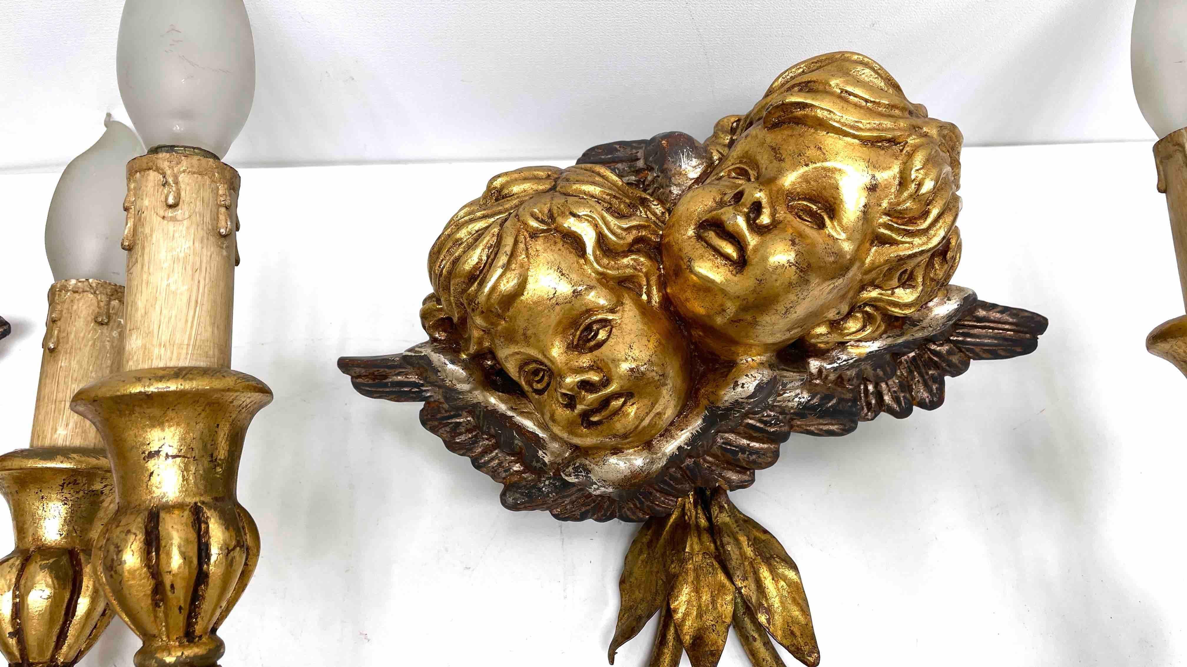 Wood Set of Four 2-Light Tole Sconces Cherub Angel Heads Gilded Metal, Italy, 1960s For Sale