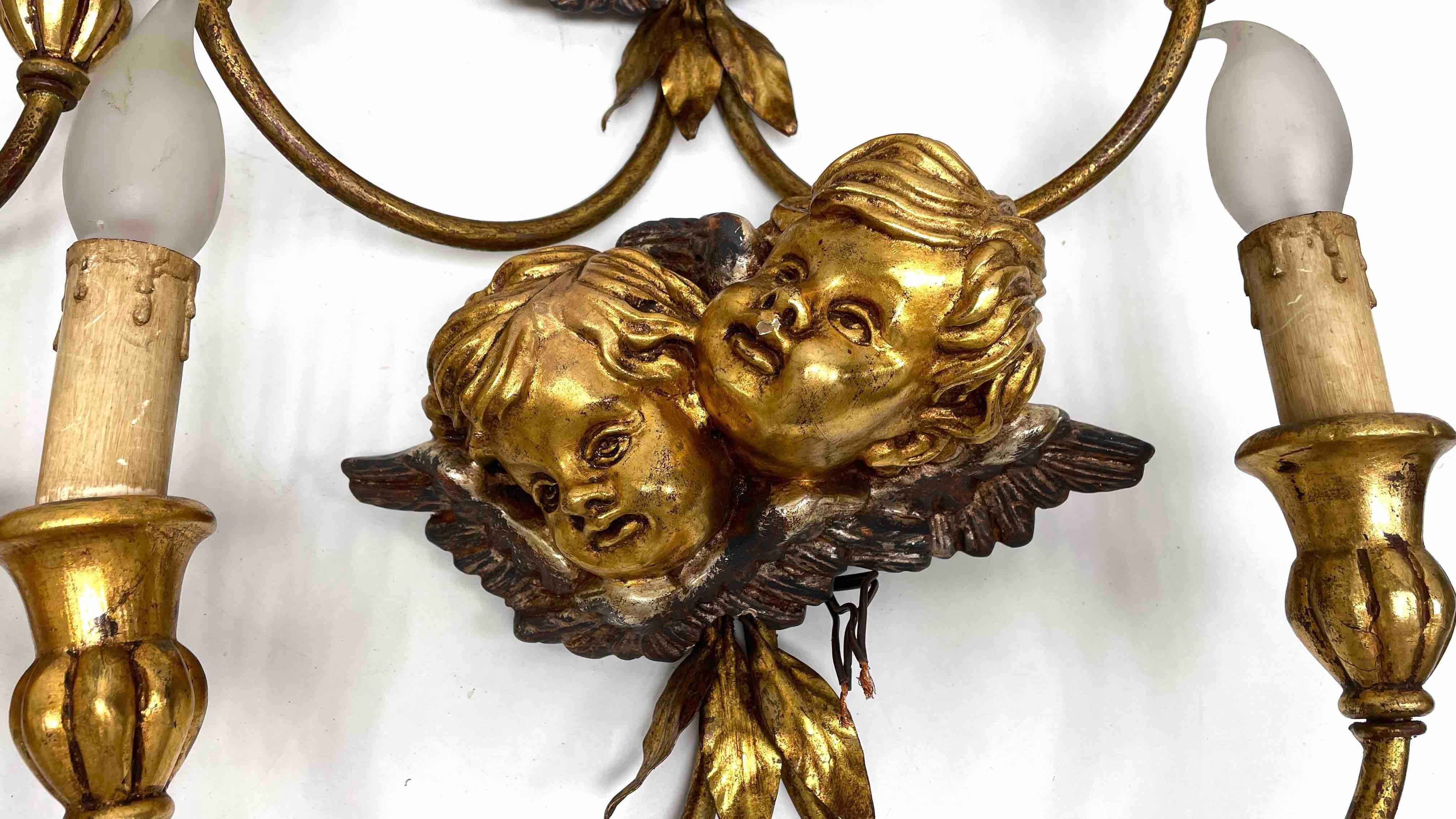 Set of Four 2-Light Tole Sconces Cherub Angel Heads Gilded Metal, Italy, 1960s For Sale 1