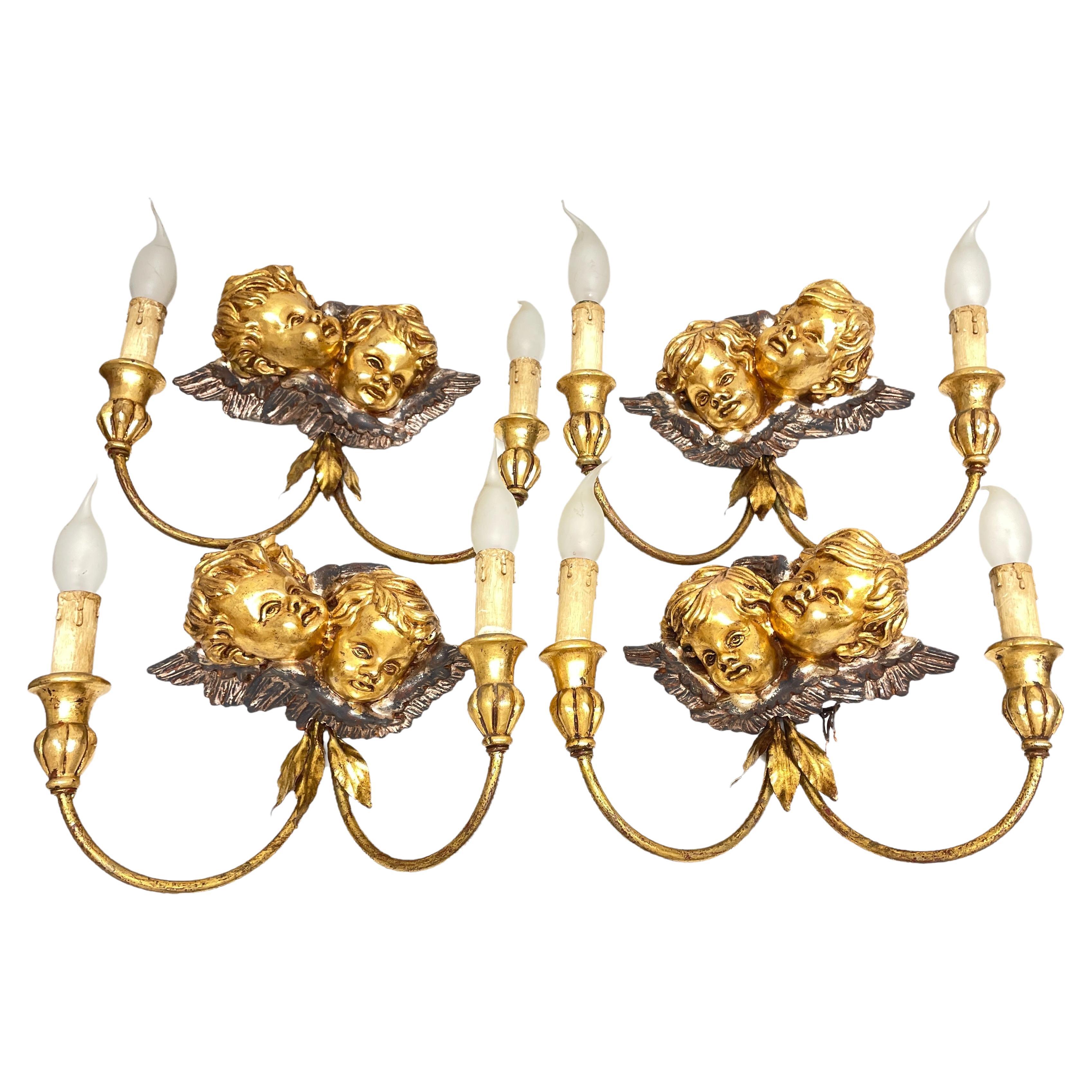 Set of Four 2-Light Tole Sconces Cherub Angel Heads Gilded Metal, Italy, 1960s