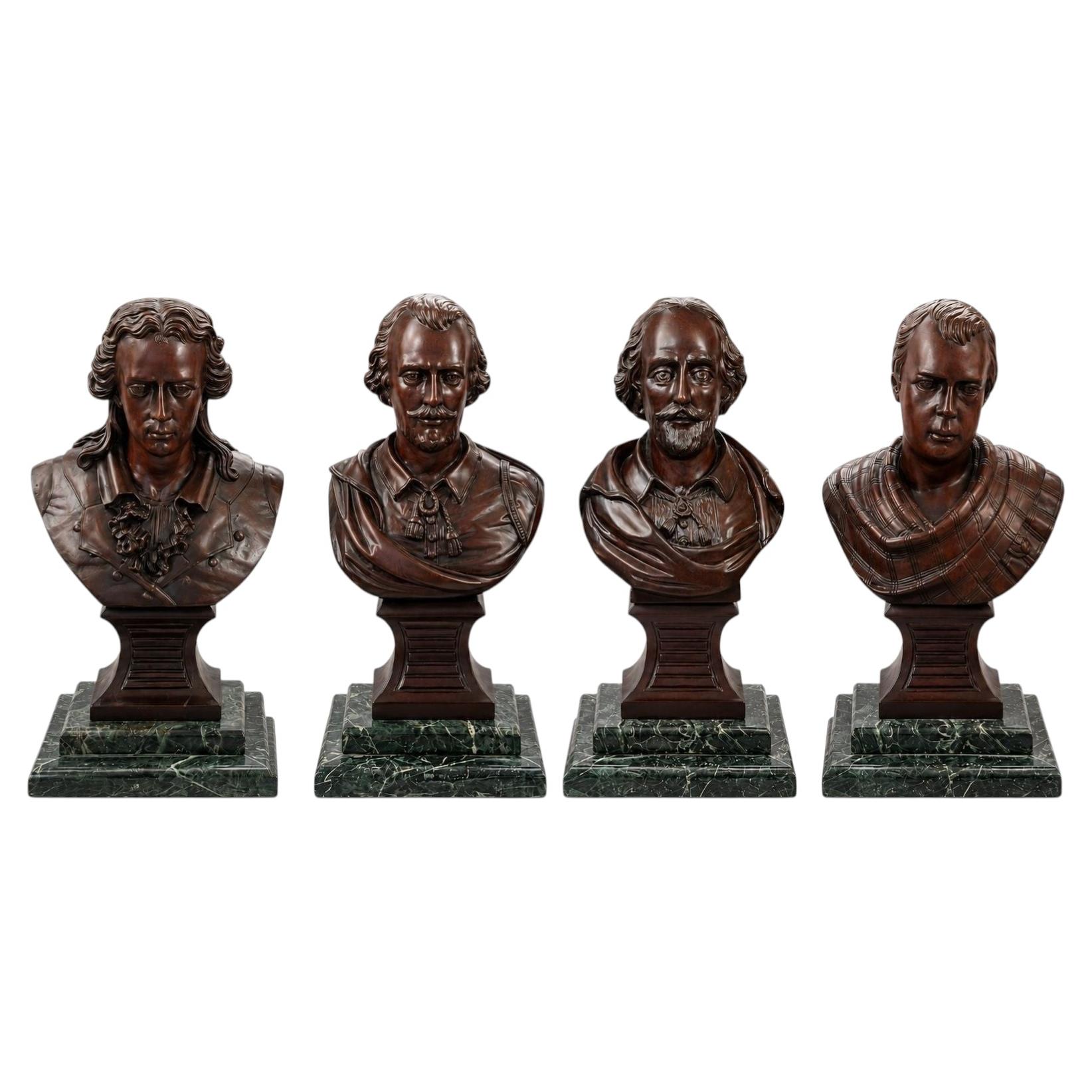 Set of Four 20th C. Mahogany Busts of Schiller, Shakespeare & Sir Walter Scott For Sale