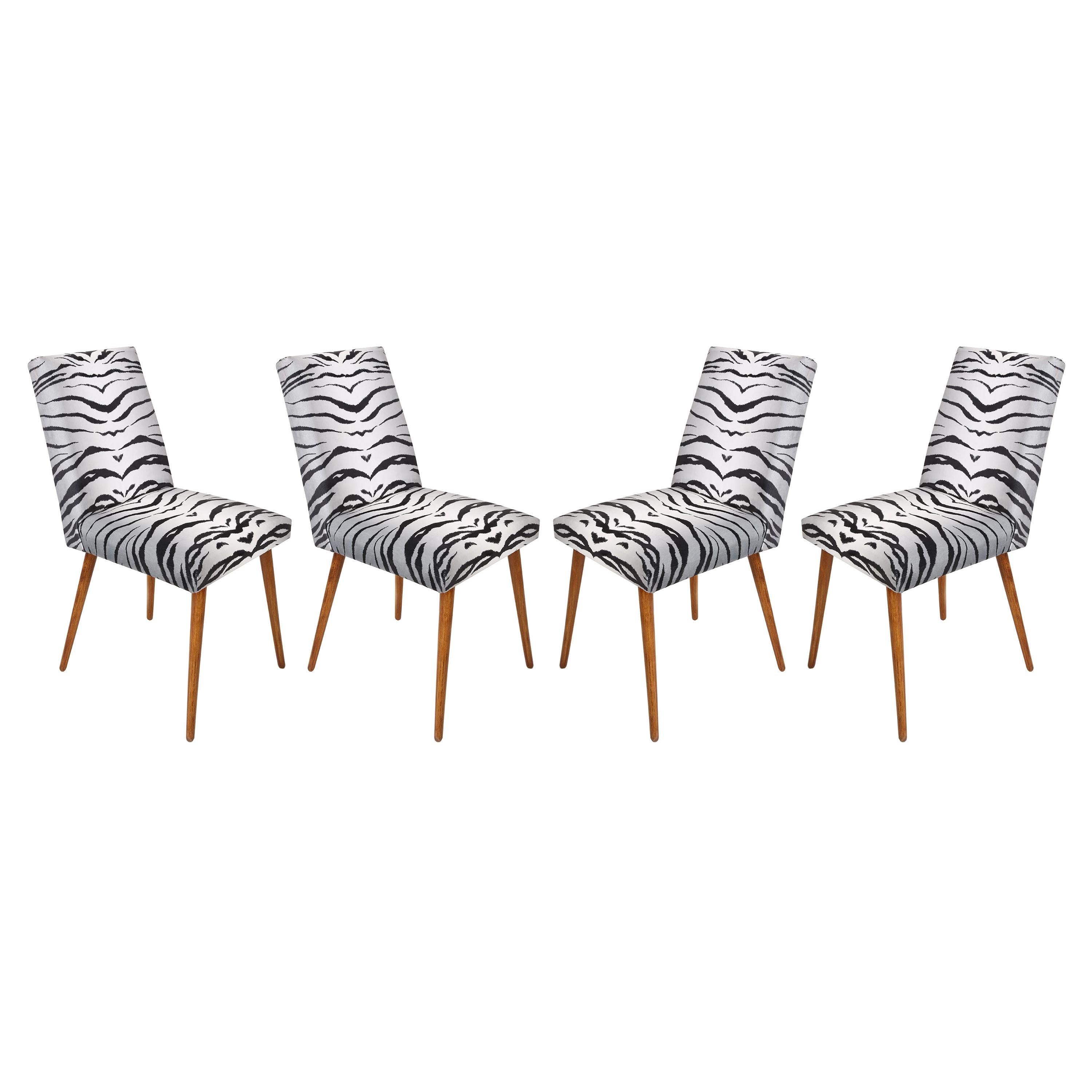 Set of Four 20th Century Black and White Zebra Velvet Chairs, Europe, 1960s For Sale
