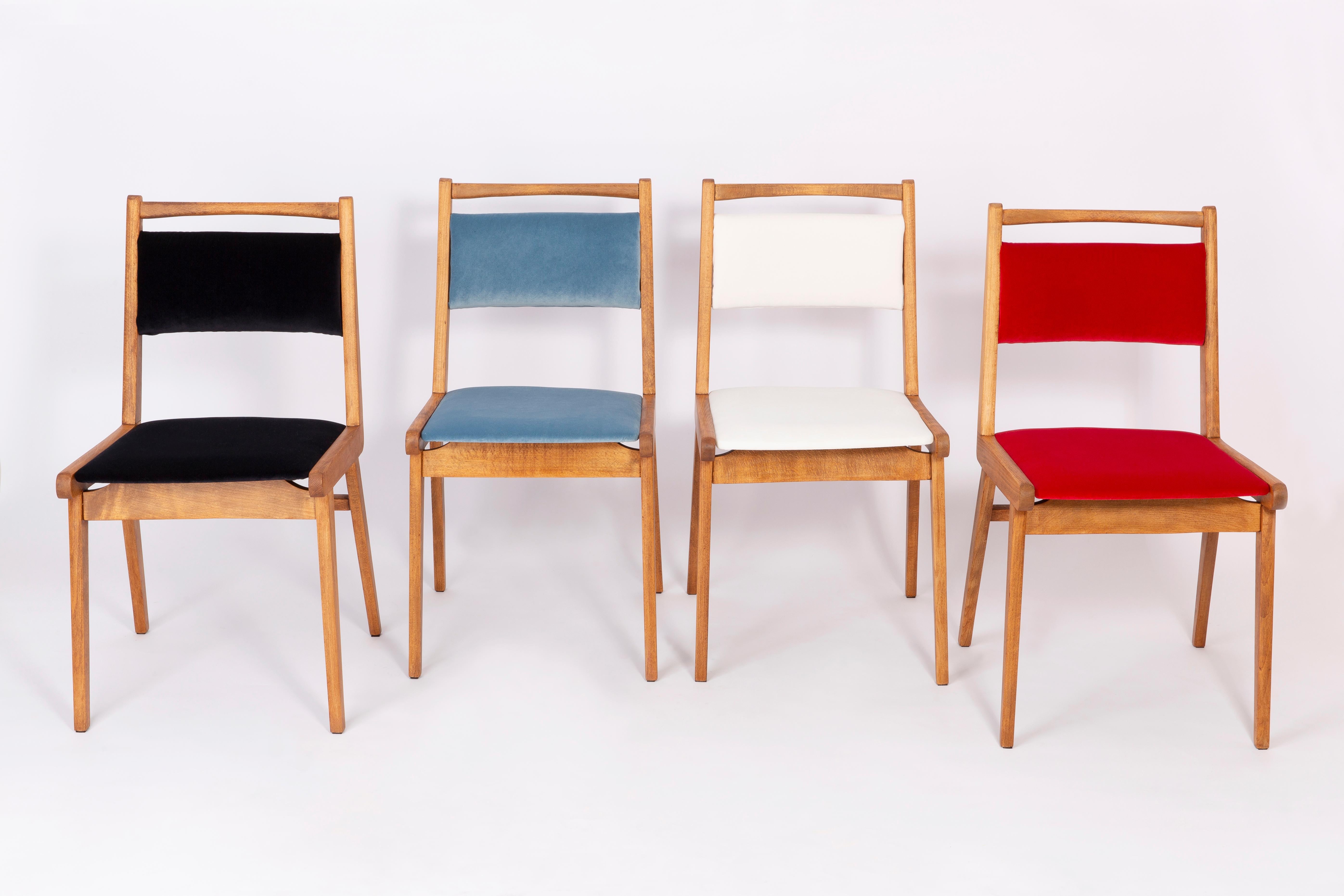 Mid-Century Modern Set of Four 20th Century Black Blue White and Red Velvet Chairs, Poland, 1960s For Sale