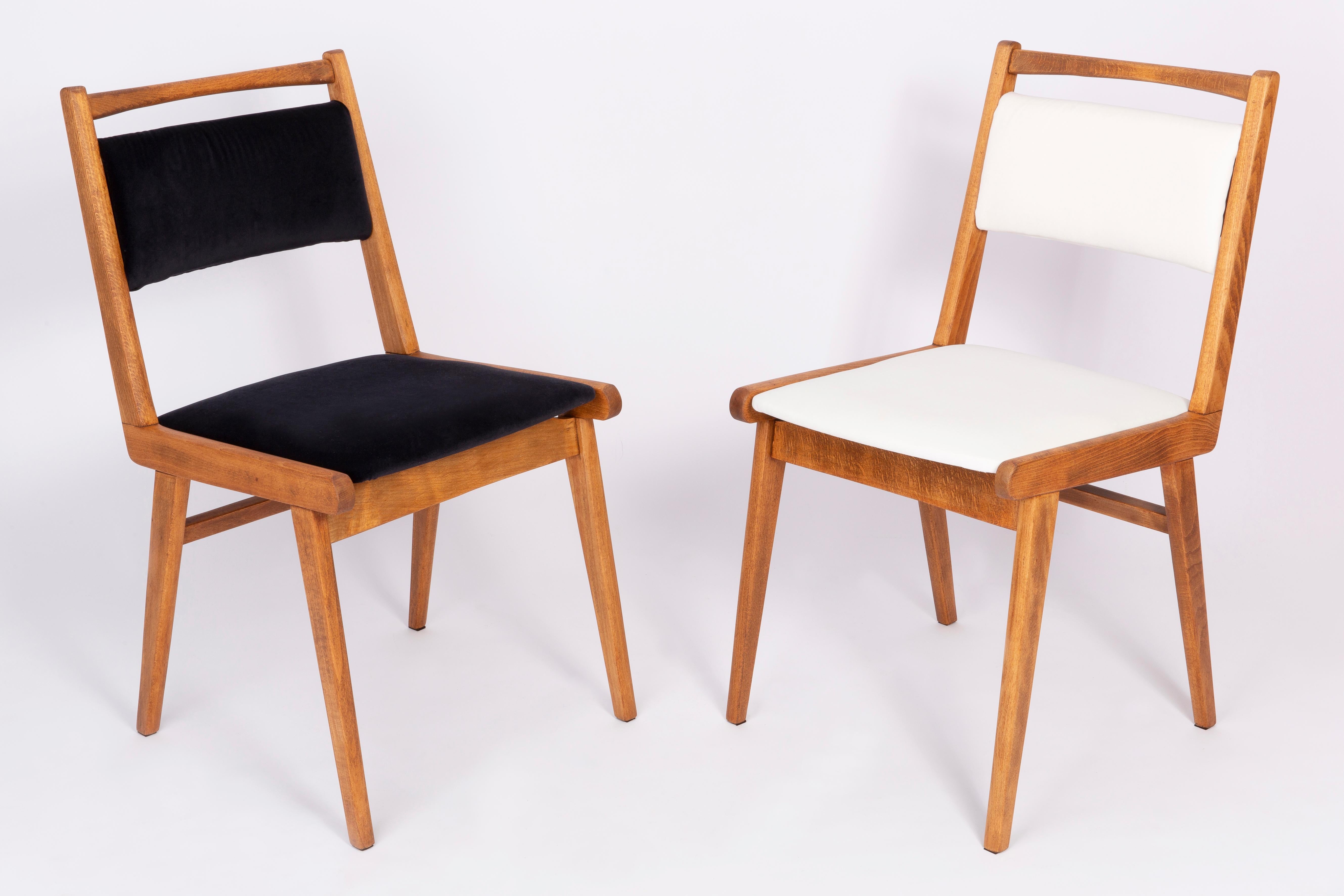 Polish Set of Four 20th Century Black Blue White and Red Velvet Chairs, Poland, 1960s For Sale
