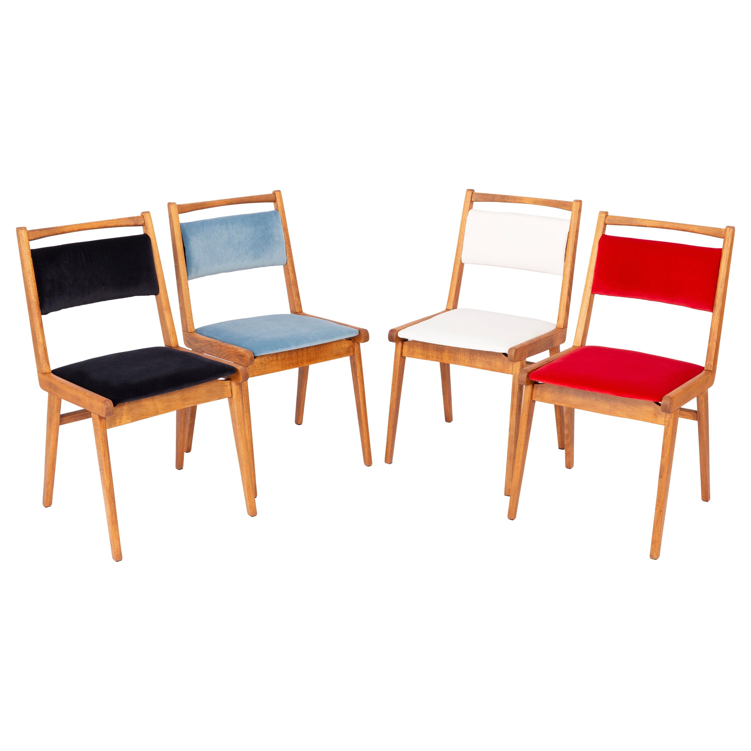 Set of Four 20th Century Black Blue White and Red Velvet Chairs, Poland, 1960s