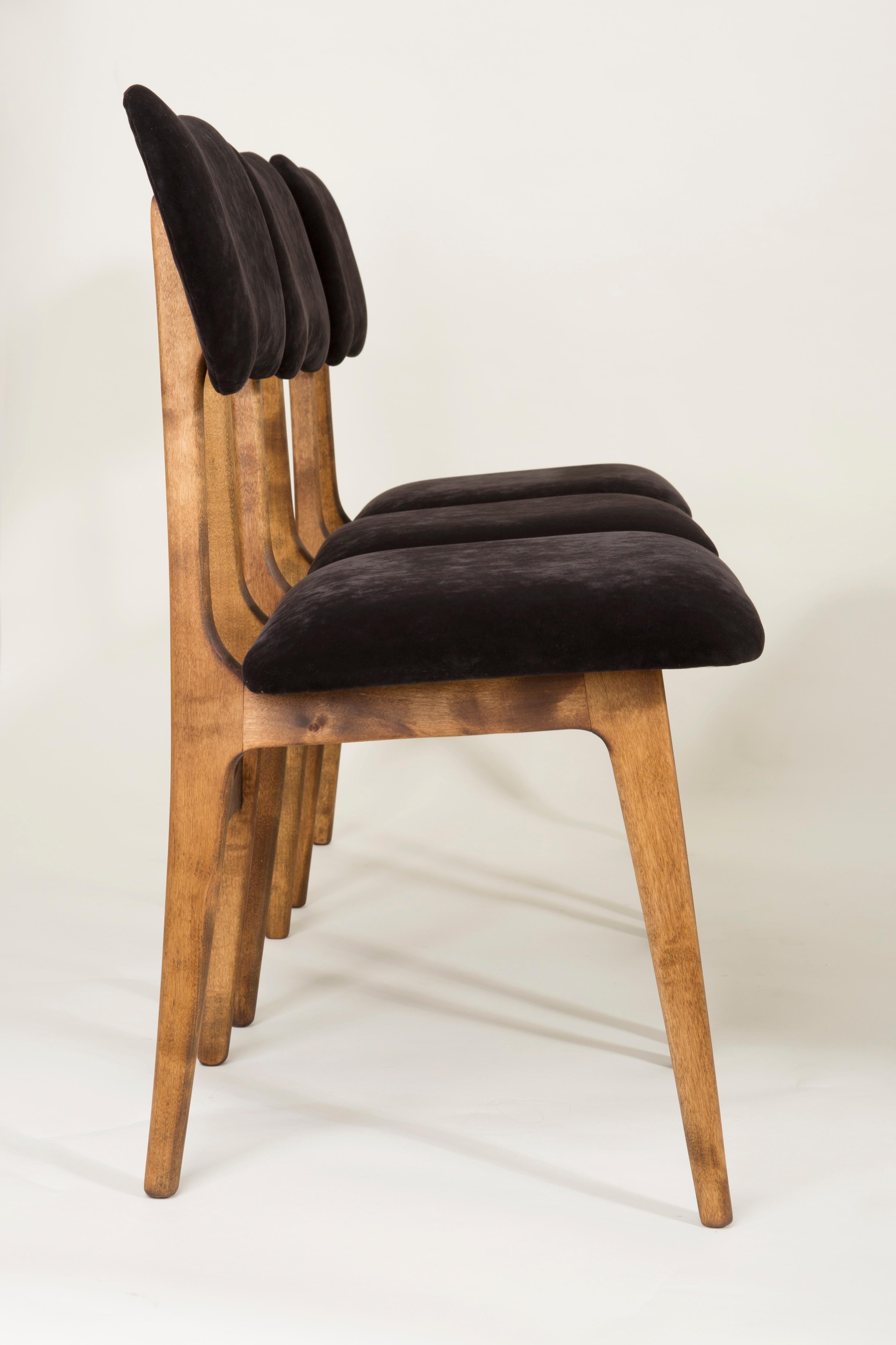 Chairs designed by Prof. Rajmund Halas. Made of beechwood. Chair is after a complete upholstery renovation, the woodwork has been refreshed. Seat and back is dressed in black, durable and pleasant to the touch velvet fabric. Chair is stable and very