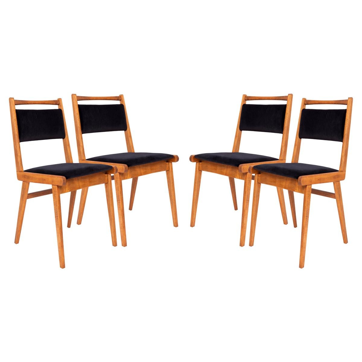 Set of Four 20th Century Black Velvet Chairs, Poland, 1960s For Sale