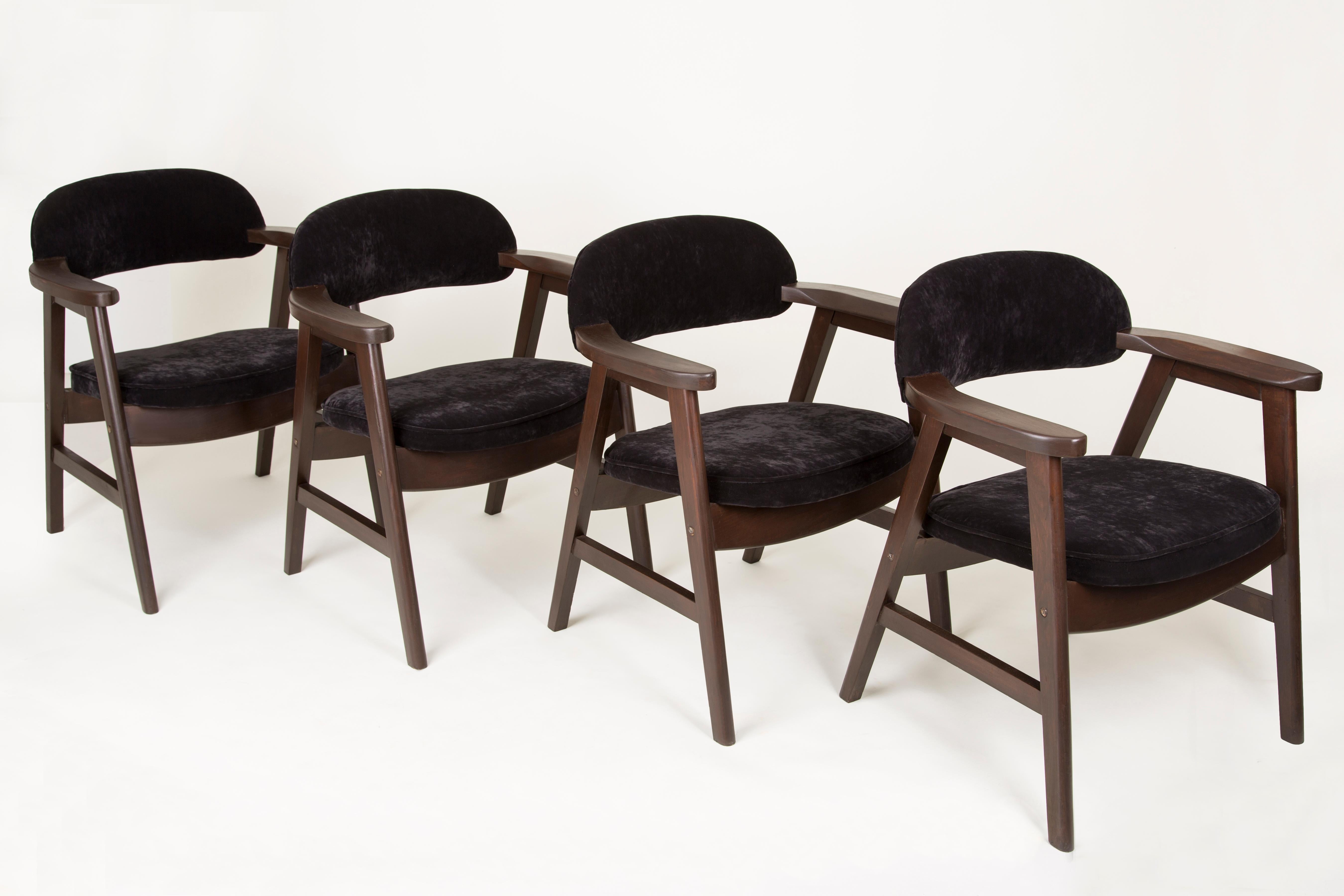 Mid-Century Modern Set of Four 20th Century Buffalo Black Wood and Velvet Chairs, 1960s For Sale