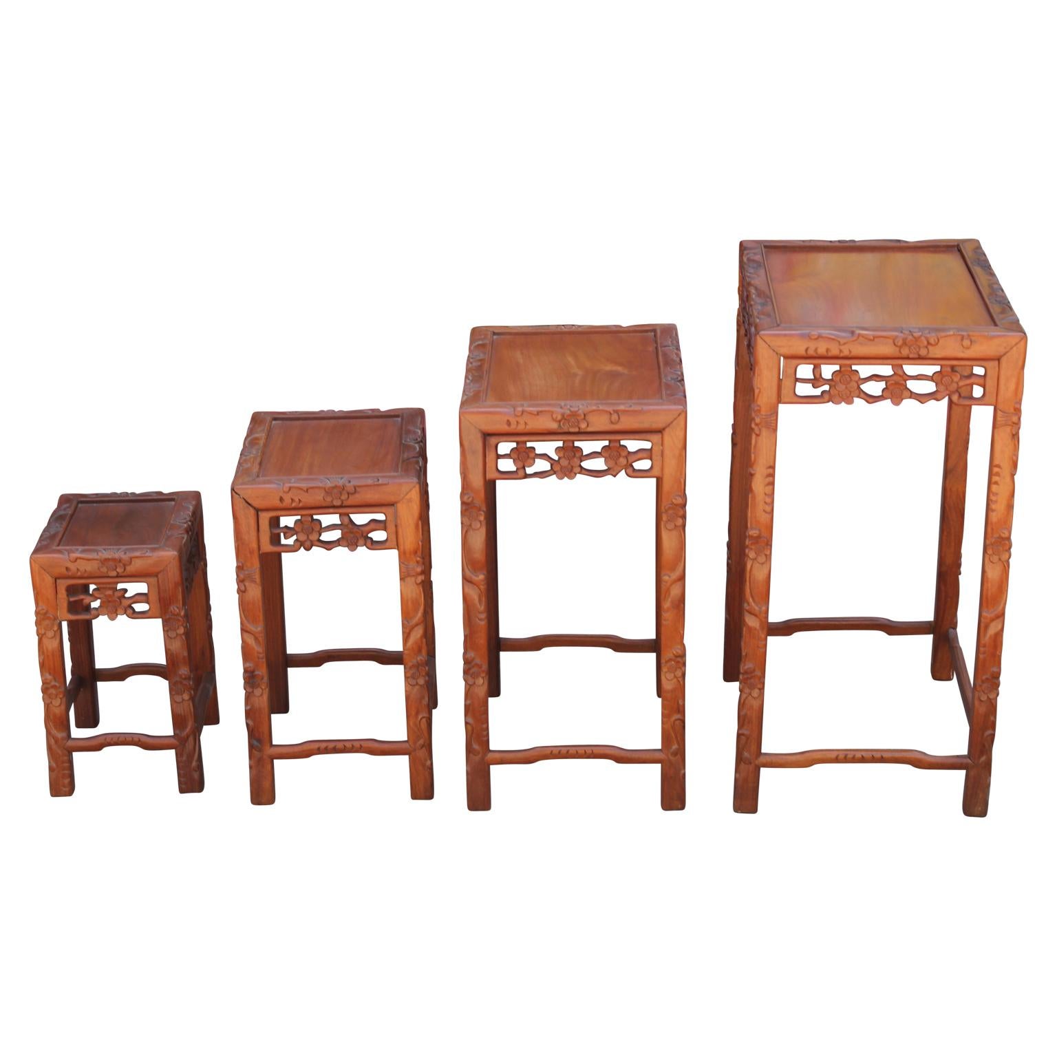 Set of Four 20th Century Carved Chinese Nesting Tables with Fancy Floral Pattern 1