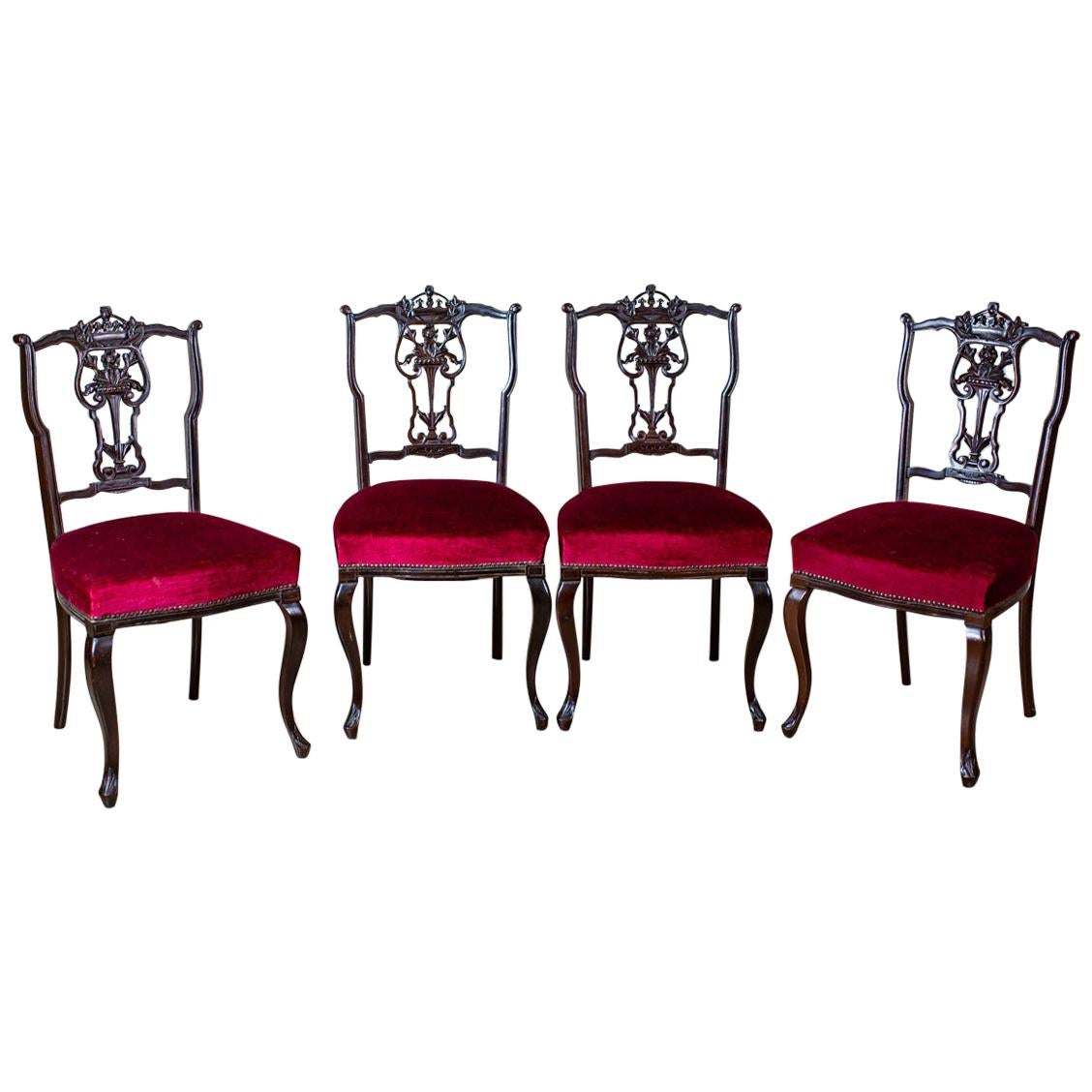 Set of Four 20th-Century Chairs with Openwork Backrests in Red Upholstery