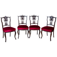 Antique Set of Four 20th-Century Chairs with Openwork Backrests in Red Upholstery