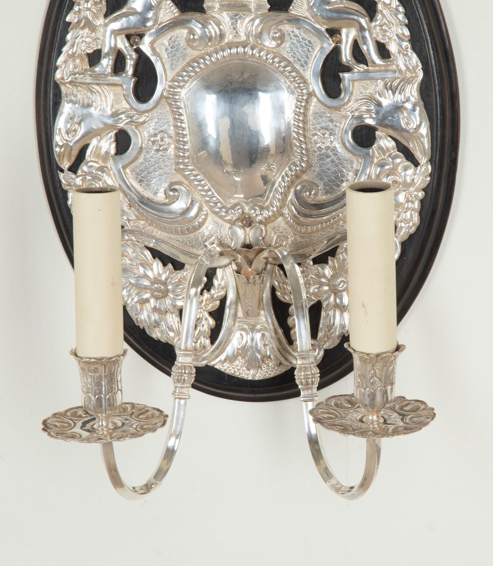 Ebonized Set of Four 20th Century English Silver Repousé Wall Lights For Sale
