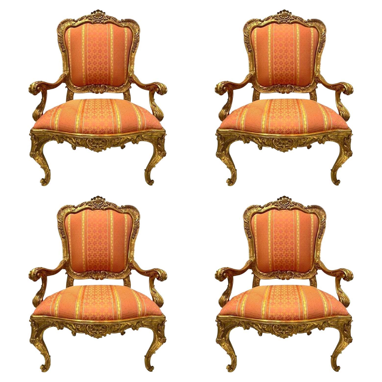 Set of Four 20th Century Italian Hand Carved Water Gilt Chairs For Sale