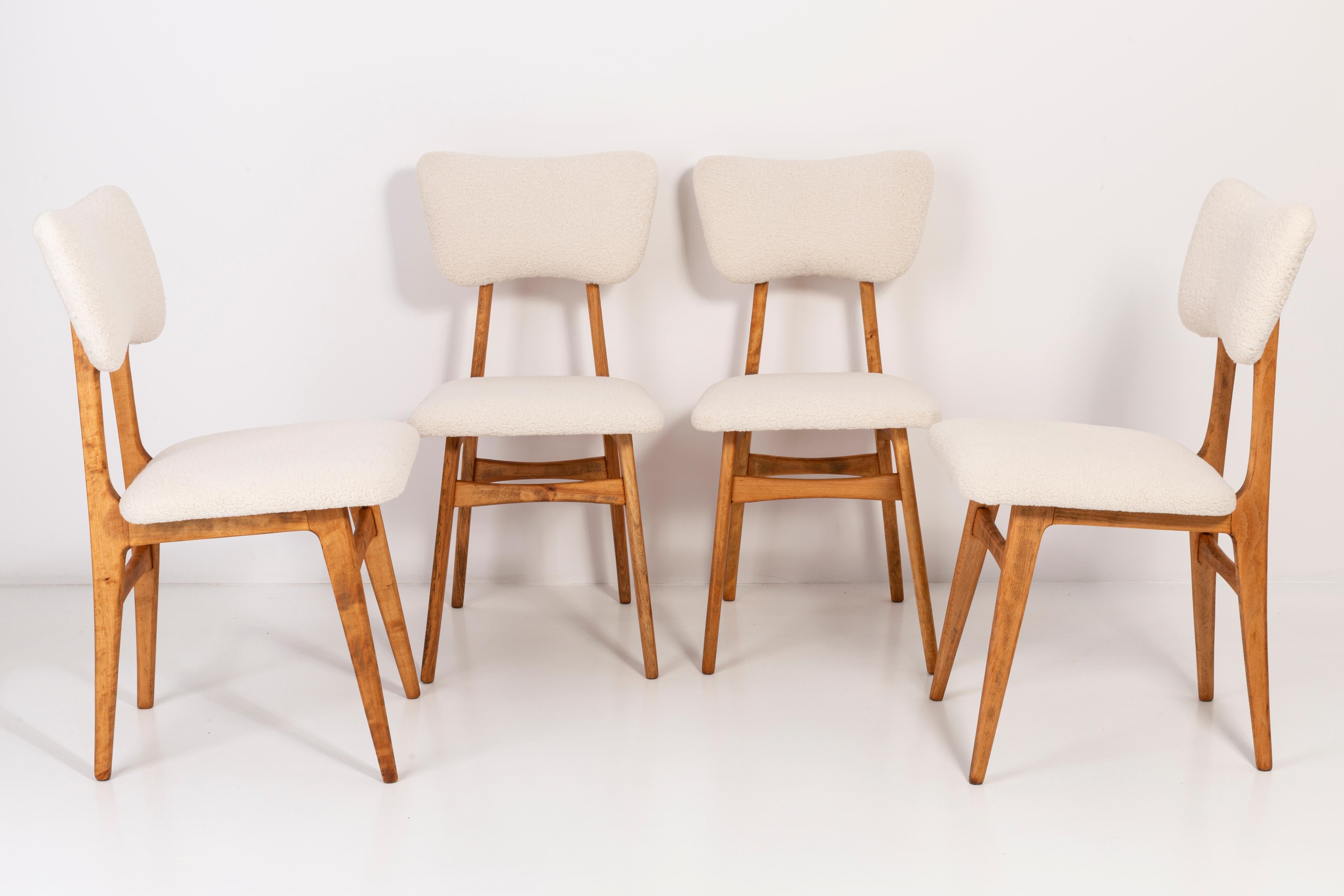 Chairs designed by Prof. Rajmund Halas. Made of beechwood. Chair is after a complete upholstery renovation, the woodwork has been refreshed. Seat and back is dressed in crème, durable and pleasant to the touch bouclé fabric. Chair is stabile and