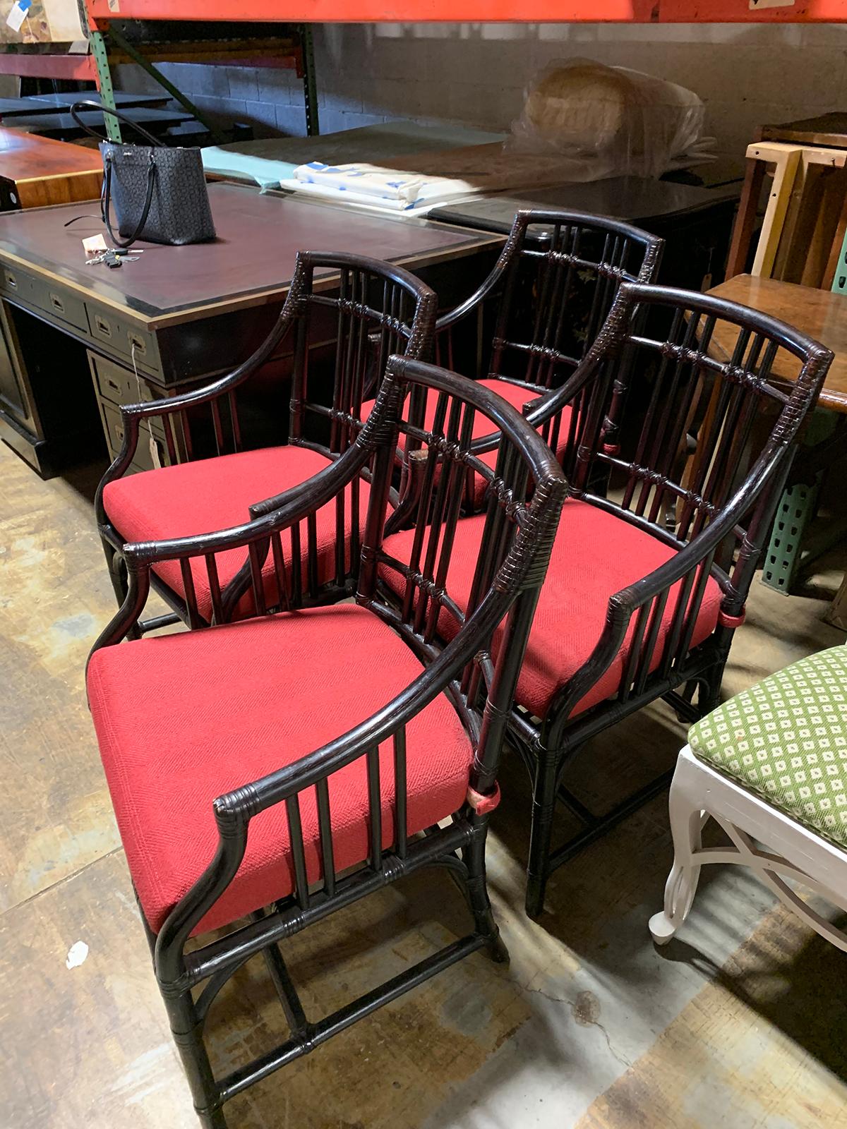 Set of Four 20th Century McGuire Rattan and Leather Armchairs with Red Cushions In Good Condition In Atlanta, GA