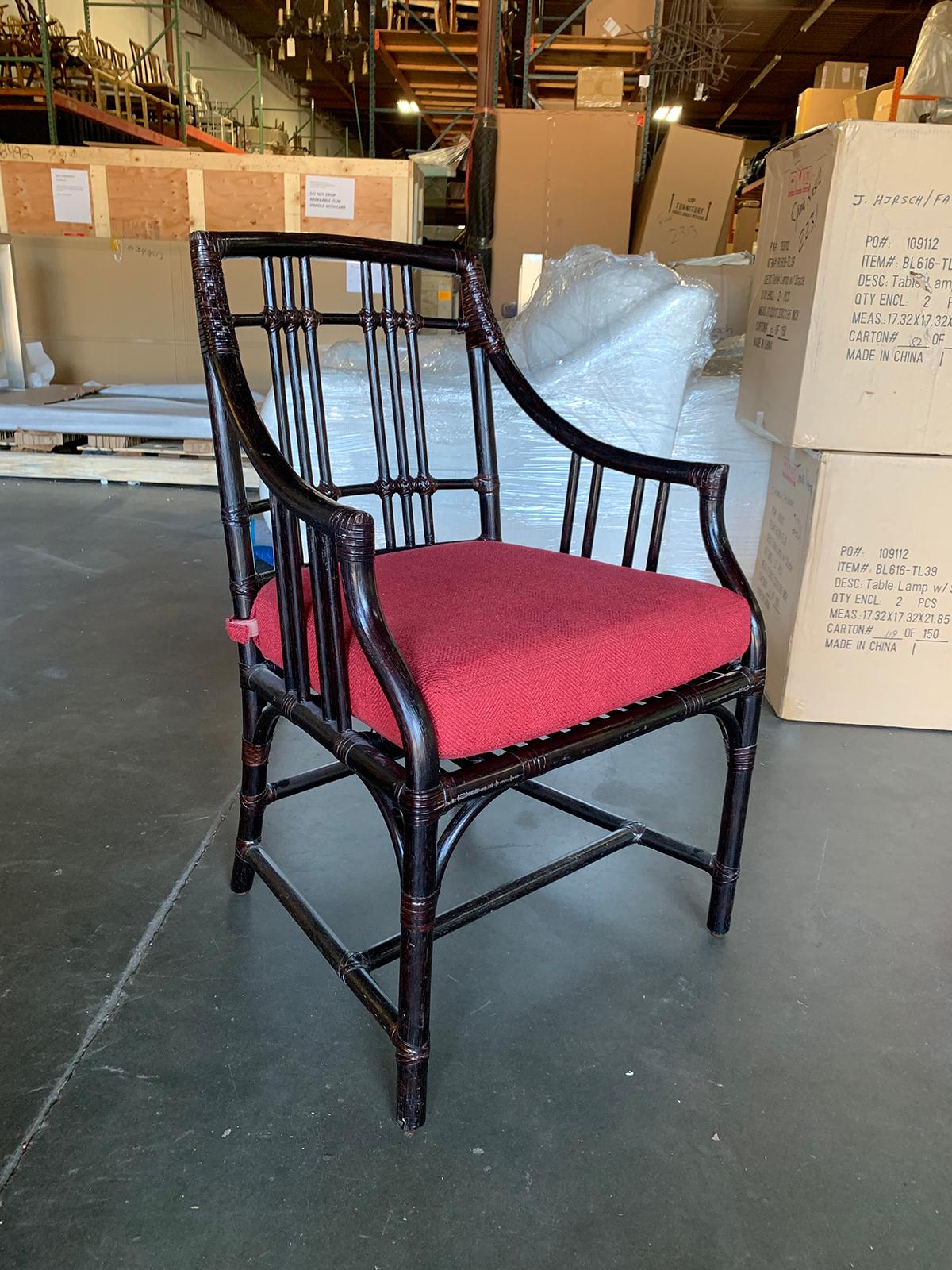 Set of Four 20th Century McGuire Rattan and Leather Armchairs with Red Cushions 1