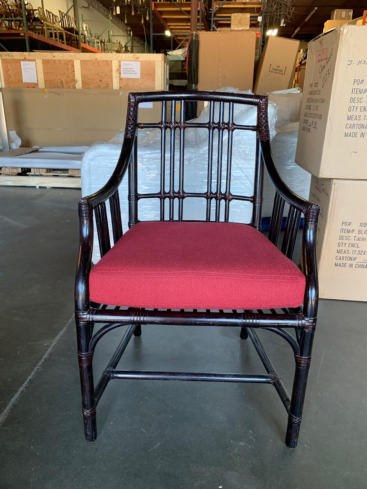 Set of Four 20th Century McGuire Rattan and Leather Armchairs with Red Cushions 2