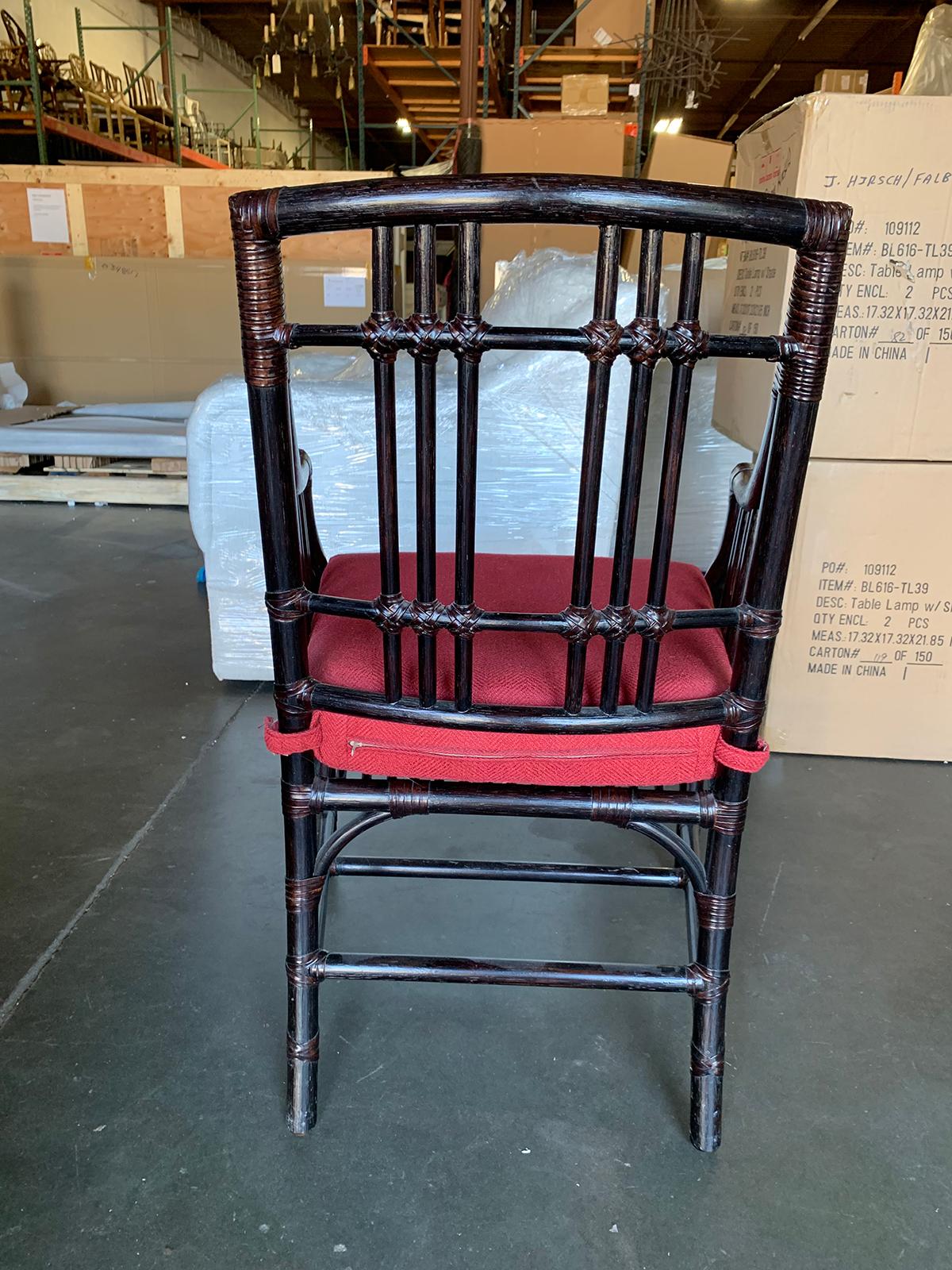 Set of Four 20th Century McGuire Rattan and Leather Armchairs with Red Cushions 4