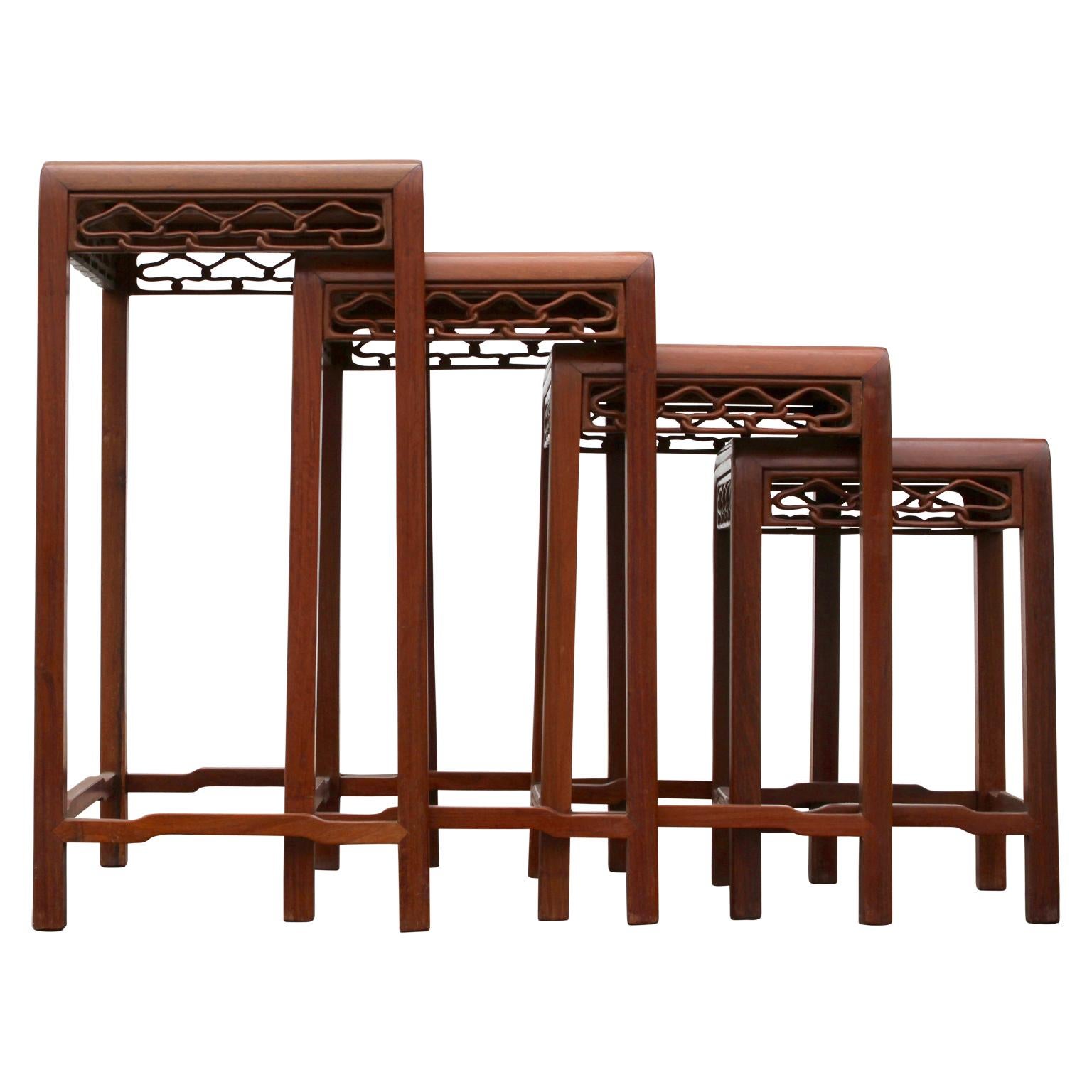 Wood Set of Four 20th Century Modern Carved Chinese Nesting Tables