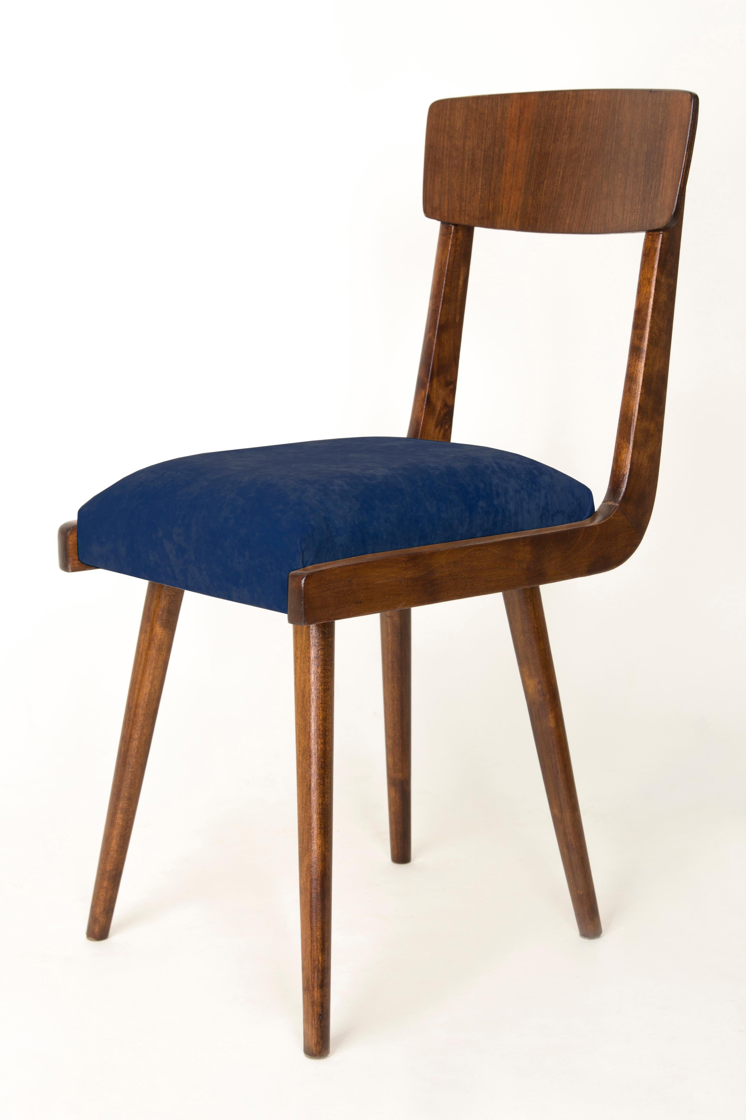 Mid-Century Modern Set of Four Mid Century Navy Blue Velvet Wood Chairs, Europe, 1960s For Sale
