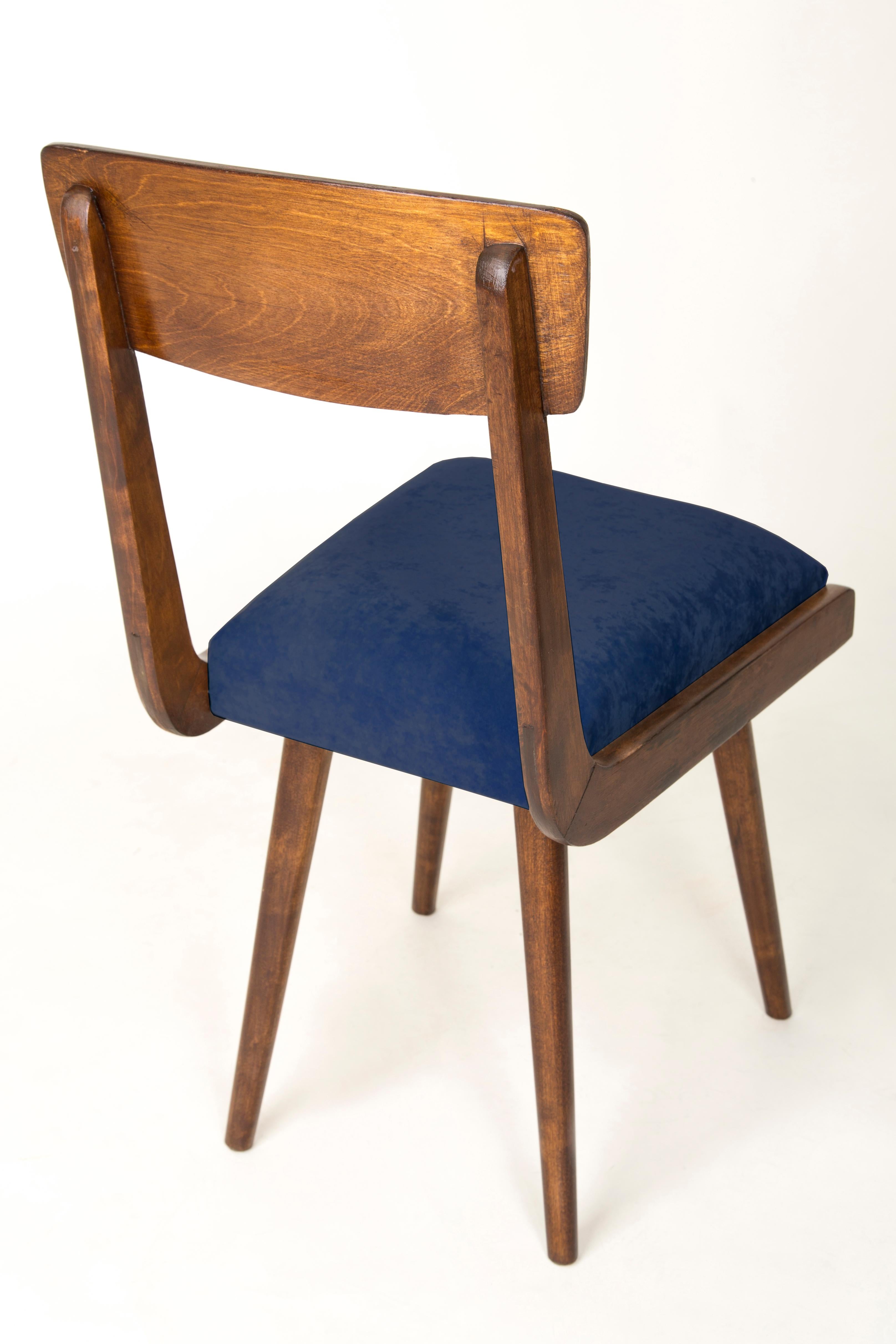 Polish Set of Four Mid Century Navy Blue Velvet Wood Chairs, Europe, 1960s For Sale