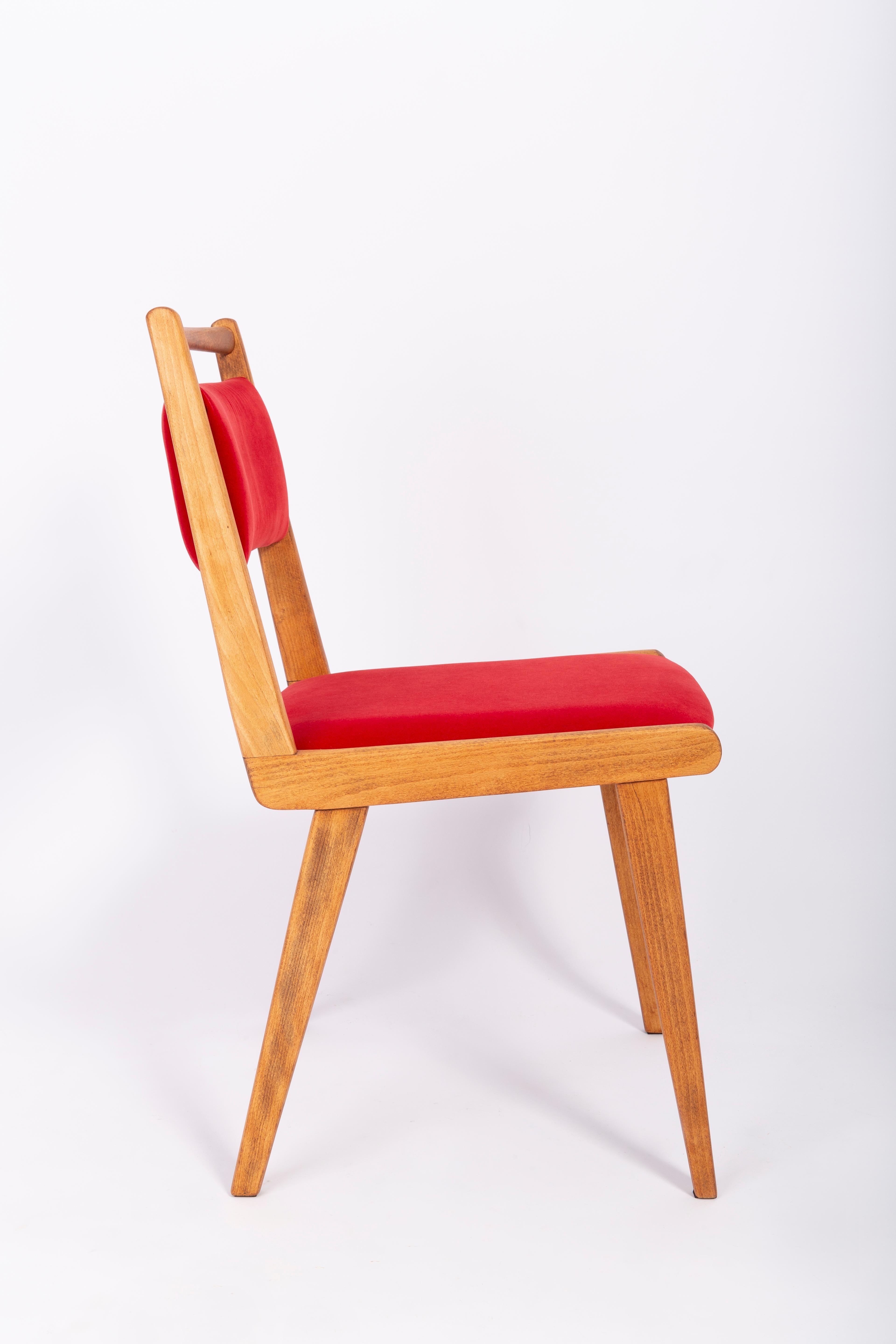 Hand-Crafted Set of Four 20th Century Red Velvet Chairs, by Rajmund Halas, Poland, 1960s For Sale