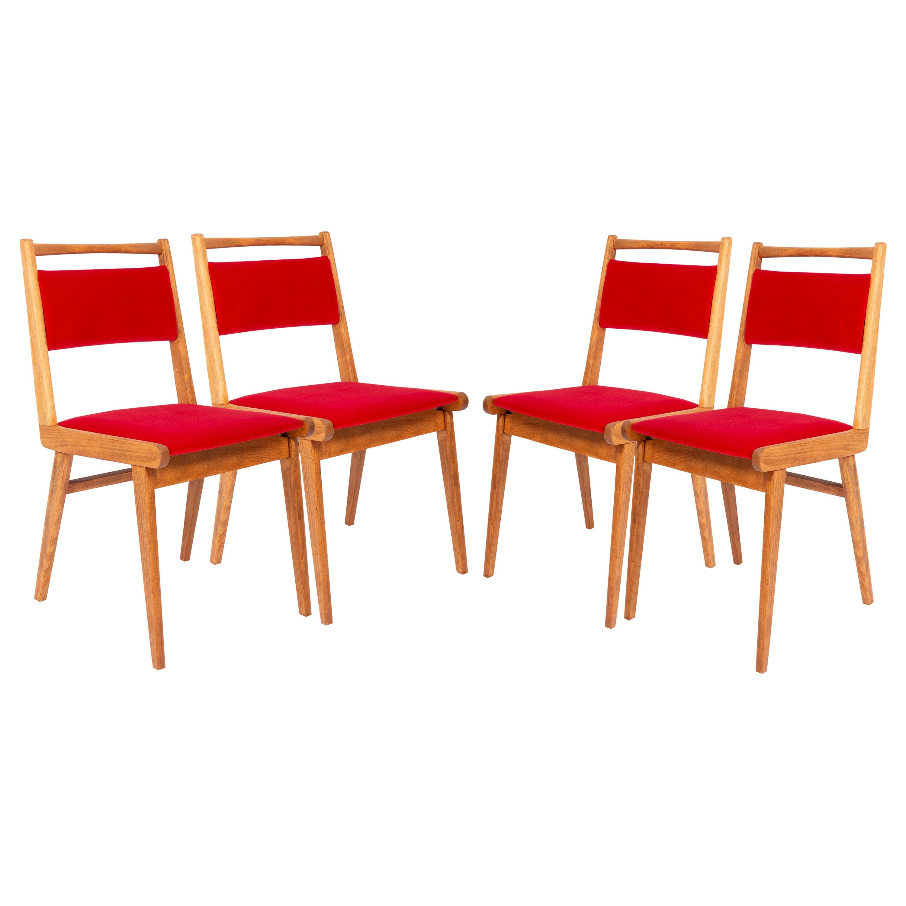 Set of Four 20th Century Red Velvet Chairs, by Rajmund Halas, Poland, 1960s For Sale