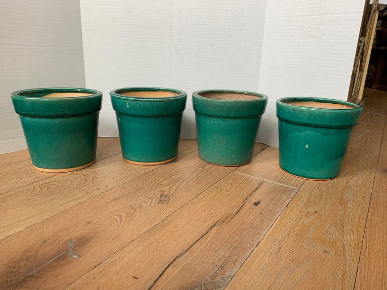 Set of Four 20th Century Turquoise Blue Green Glazed Pottery Flower