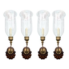 Set of Four 20th Century Wood Shell Back Sconces with Etched Glass Hurricanes