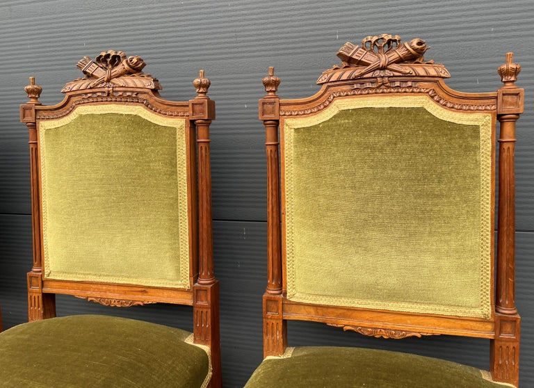 Louis XVI Set of Four 4 Antique Hand Carved Nutwood Dining Chairs with Green Upholstery For Sale