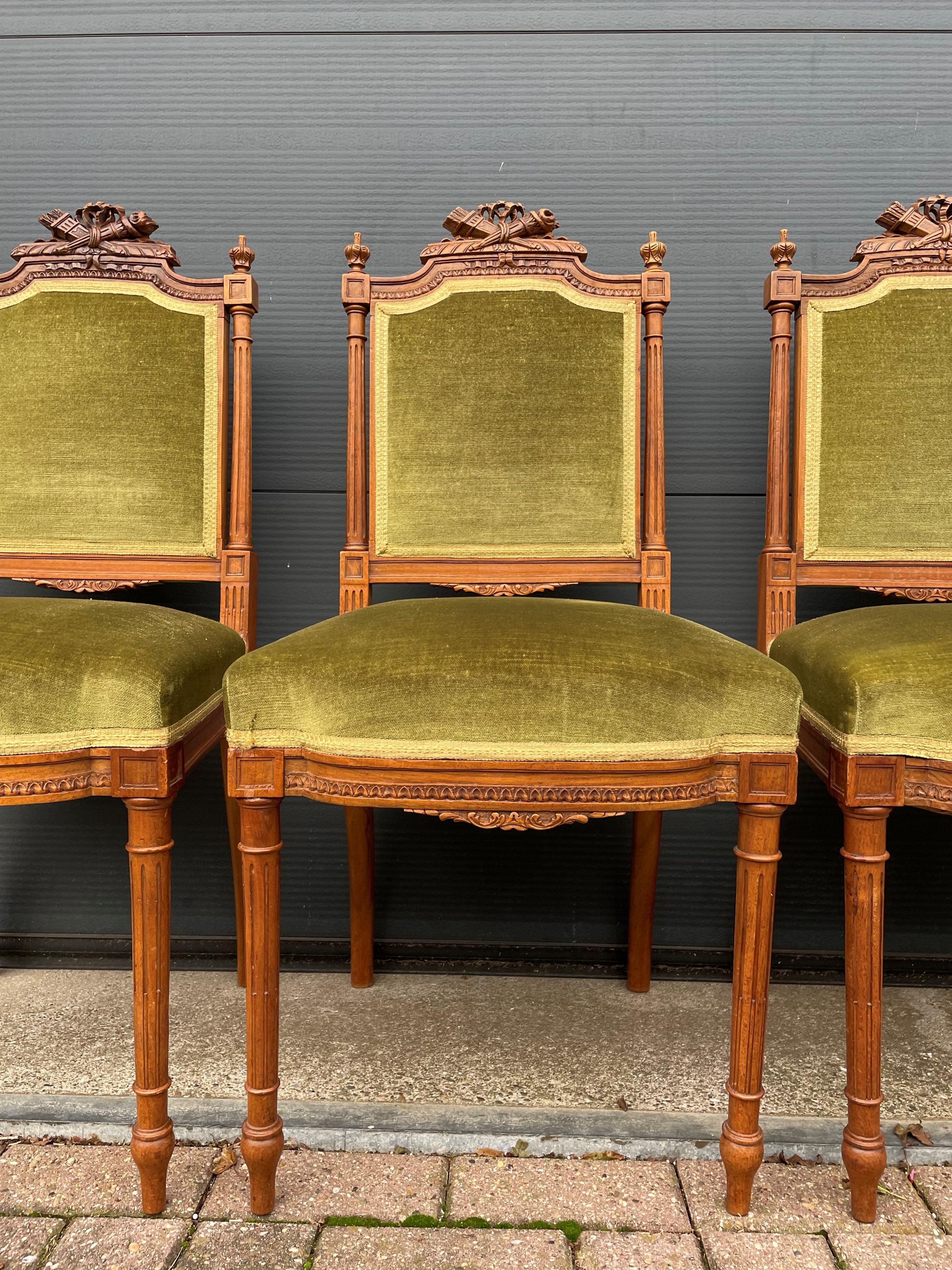 Hand-Crafted Set of Four 4 Antique Hand Carved Nutwood Dining Chairs with Green Upholstery For Sale