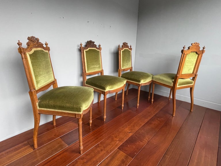 20th Century Set of Four 4 Antique Hand Carved Nutwood Dining Chairs with Green Upholstery For Sale
