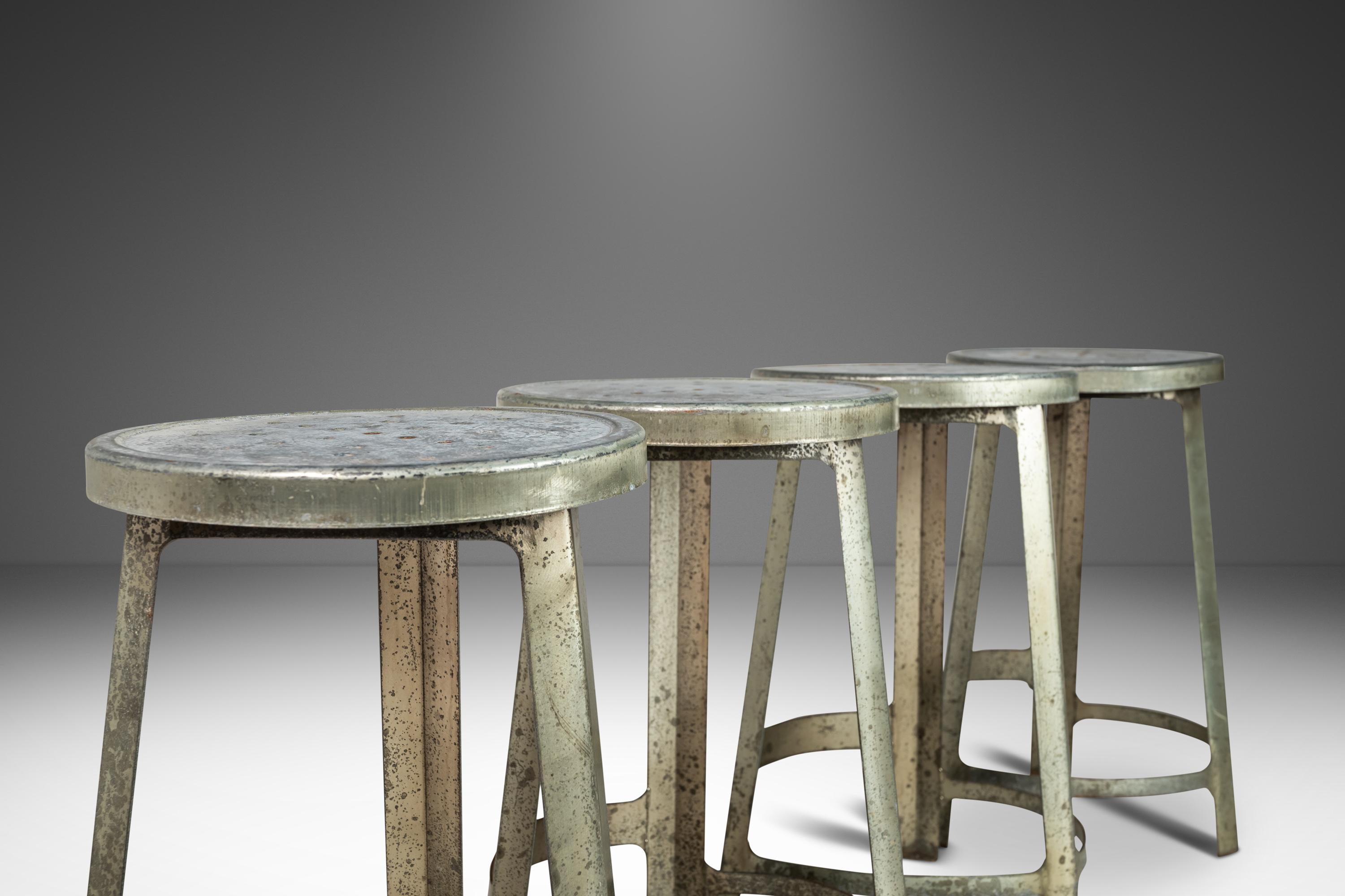 Set of Four '4' Hammered Industrial Counter Height Bar Stools, France, C. 1950s 6