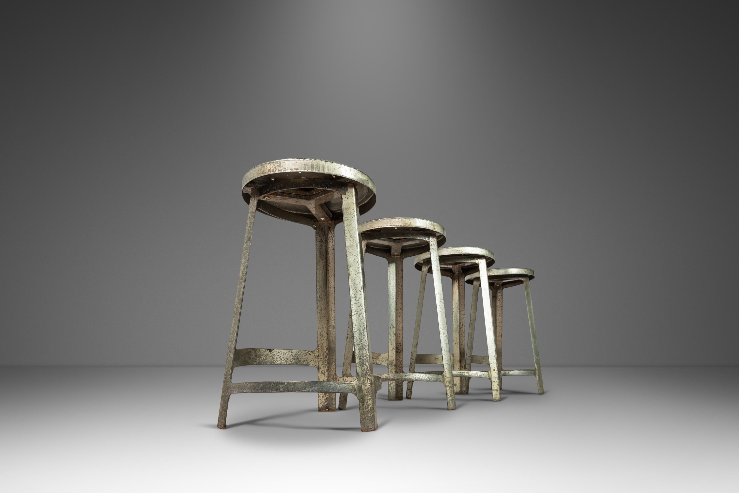 Set of Four '4' Hammered Industrial Counter Height Bar Stools, France, C. 1950s 7