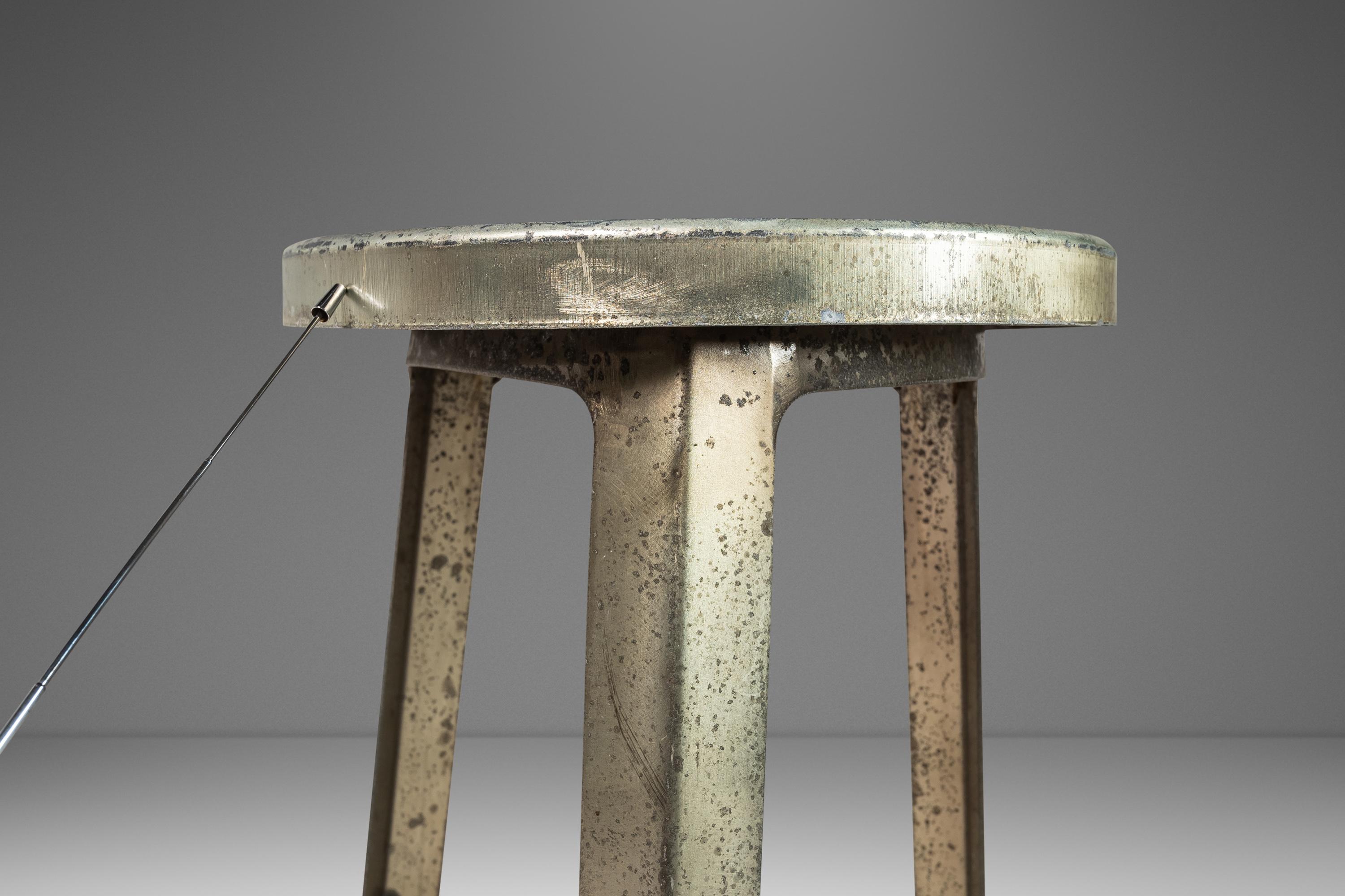 French Set of Four '4' Hammered Industrial Counter Height Bar Stools, France, C. 1950s