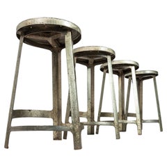 Set of Four '4' Hammered Industrial Counter Height Bar Stools, France, C. 1950s